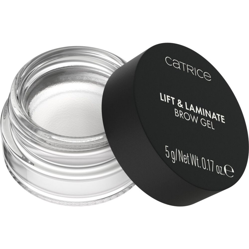 Catrice Gel Sourcils Lift & Laminate. Transparentes Gel in einem Glasbehälter mit schwarzem Deckel. Auf dem Deckel steht "LIFT & LAMINATE BROW GEL".