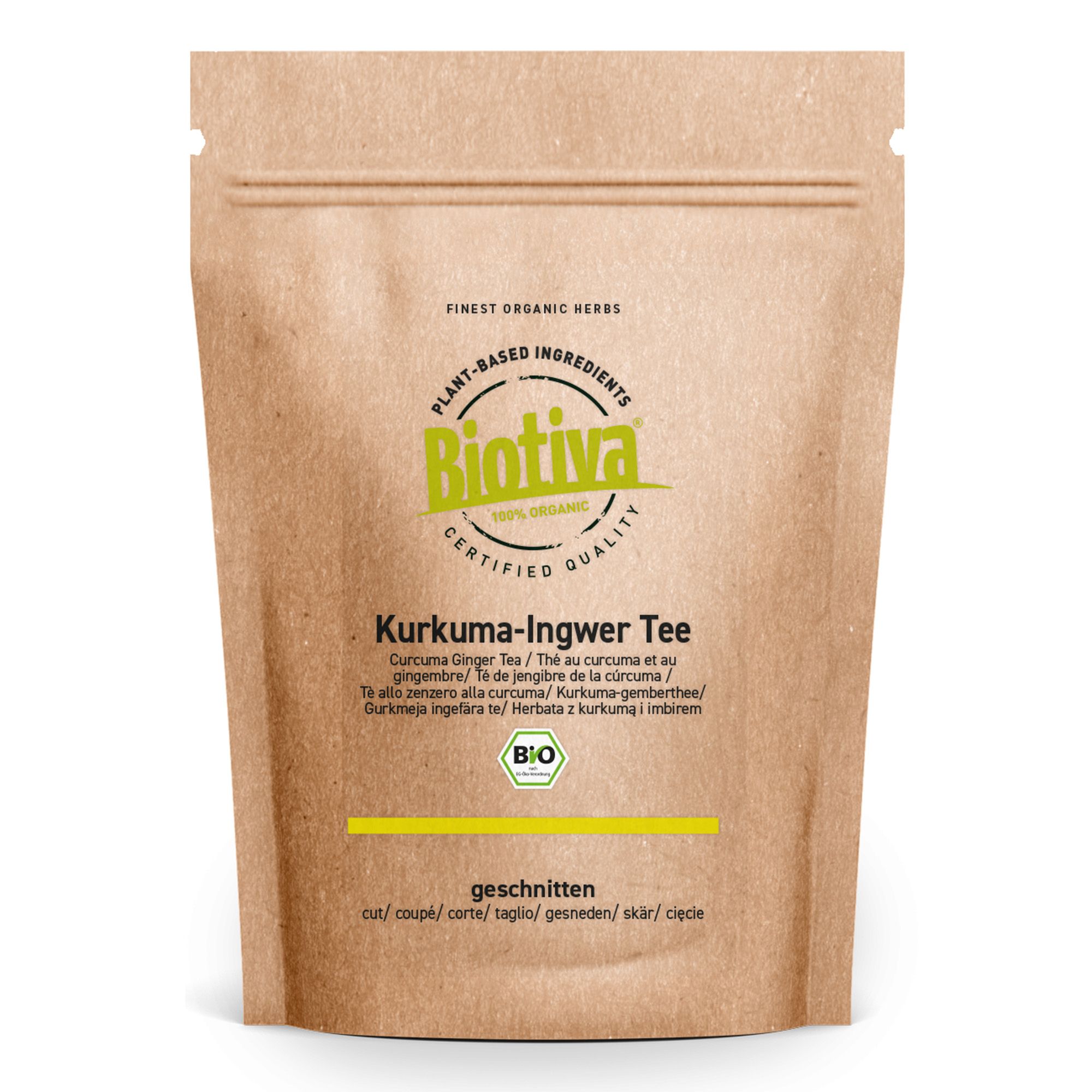 Braune Standbeutel mit Aufdruck. Oben steht "Finest Organic Herbs". Logo und Schriftzug "Biotiva". Text: Kurkuma-Ingwer Tee Bio. Bio-Siegel.