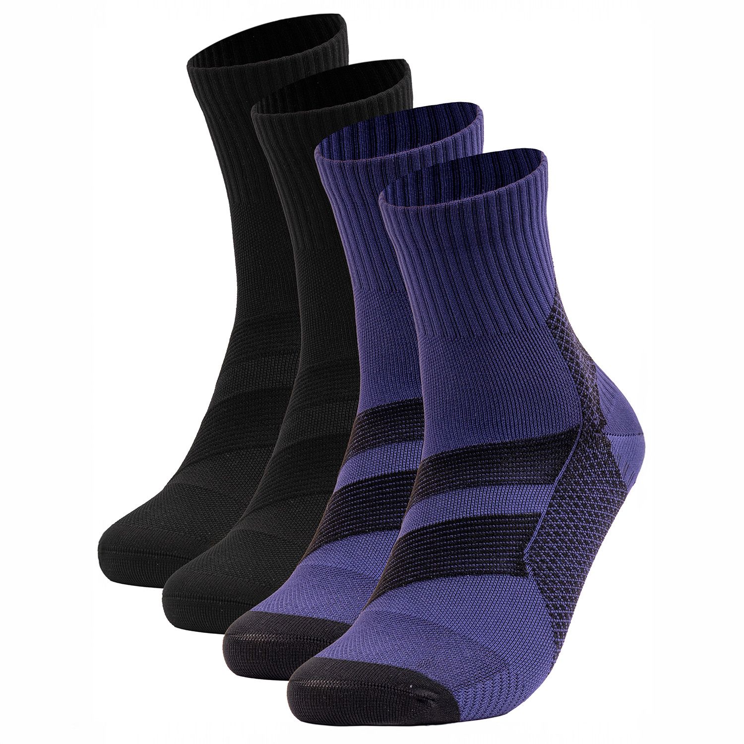 Vier Kompressionssocken. Zwei schwarz, zwei blau mit schwarzen Streifen. Sportliches Design mit verstärktem Fersenbereich.