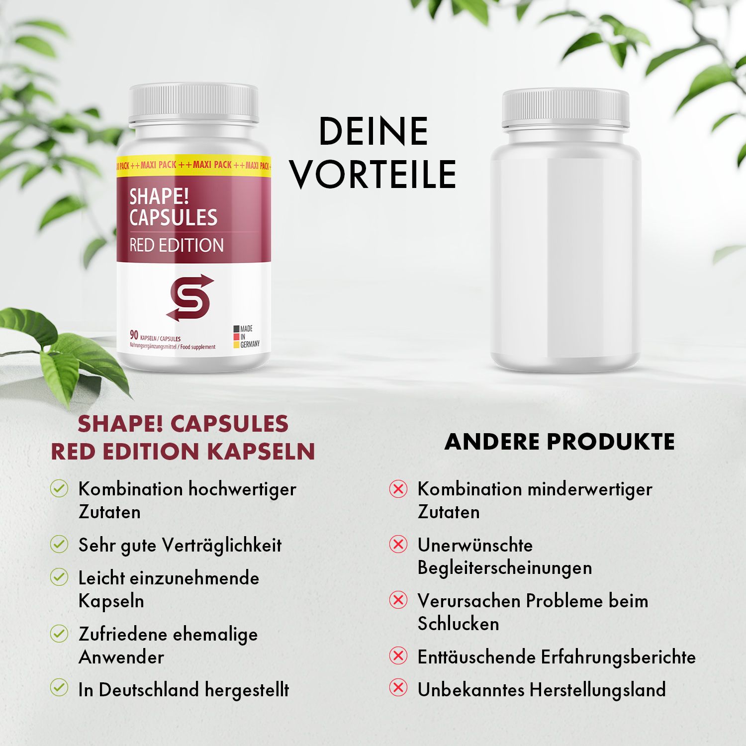Vergleich von SHAPE! CAPSULES RED EDITION Kapseln und einem anderen Produkt. Vorteile: hochwertige Zutaten, gute Verträglichkeit.