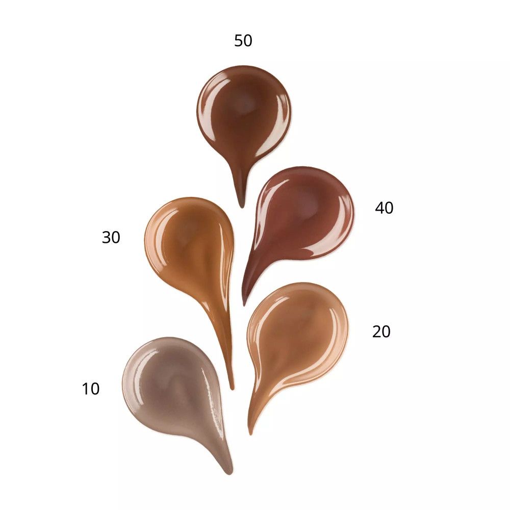 Fünf Bronzer-Farbmuster in Tropfenform. Farbnummern: 10, 20, 30, 40, 50. Auf weißem Hintergrund.