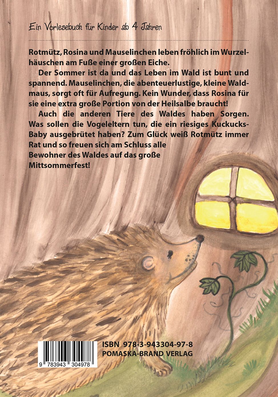 Buchrückseite. Text und Illustration eines Igels. Titel: Rotmütz der Zwerg. ISBN-Nummer und Verlagslogo.