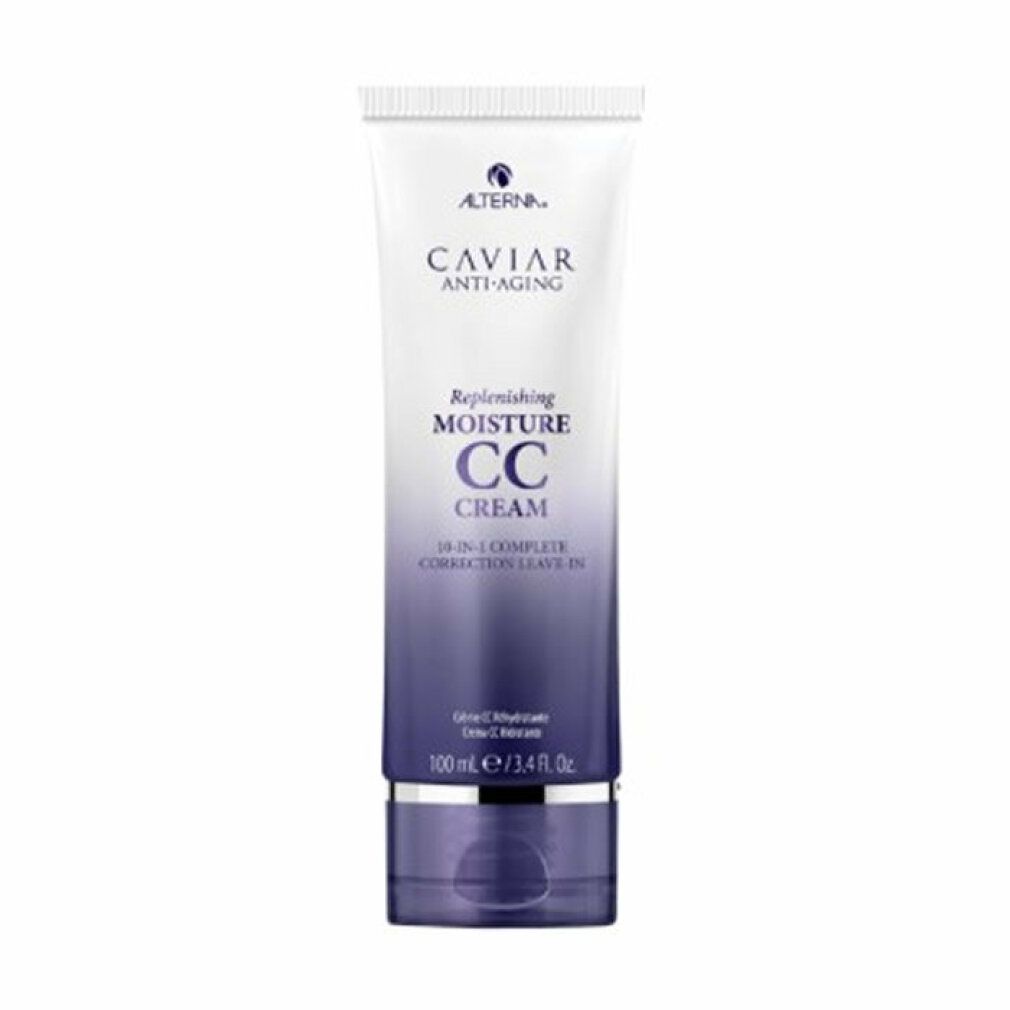 Tube mit CC Cream. Weiß-lila Farbverlauf. Beschriftung: Caviar Anti-Aging, Replenishing Moisture CC Cream. 10-in-1.