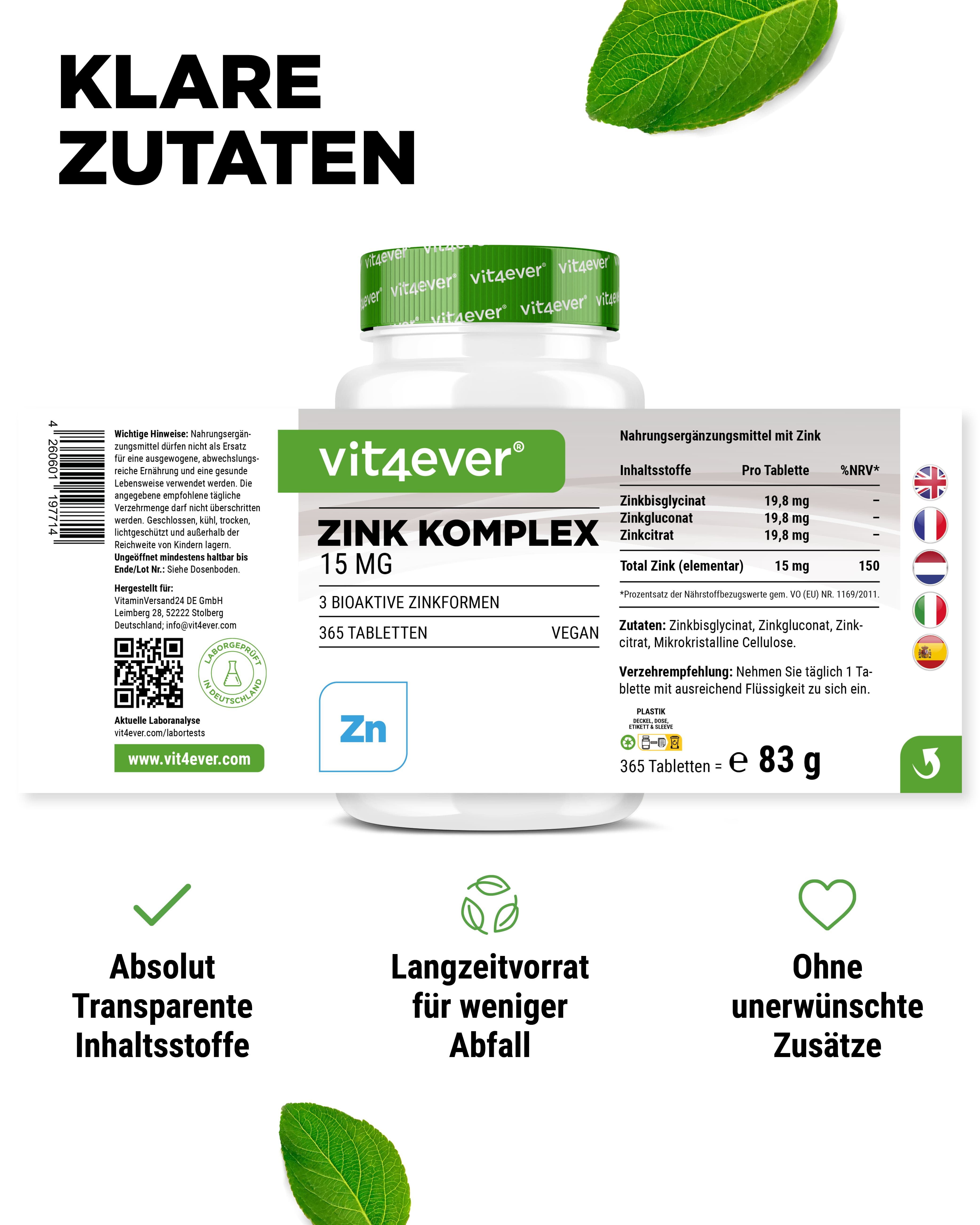 Zink Komplex 15 mg Flasche. 365 Tabletten. Vegan. Aufschrift: vit4ever. Klare Zutaten. Transparent. Ohne unerwünschte Zusätze. 83 g.