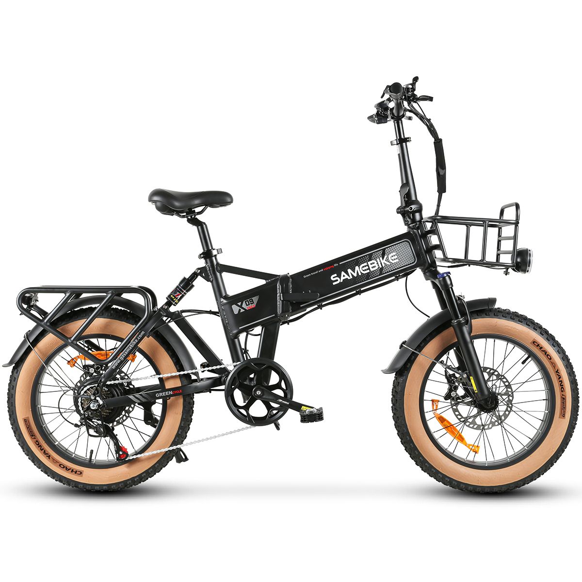 Schwarzes Elektrofahrrad mit braunen Reifen, Gepäckträger und Korb. SAMEBIKE.