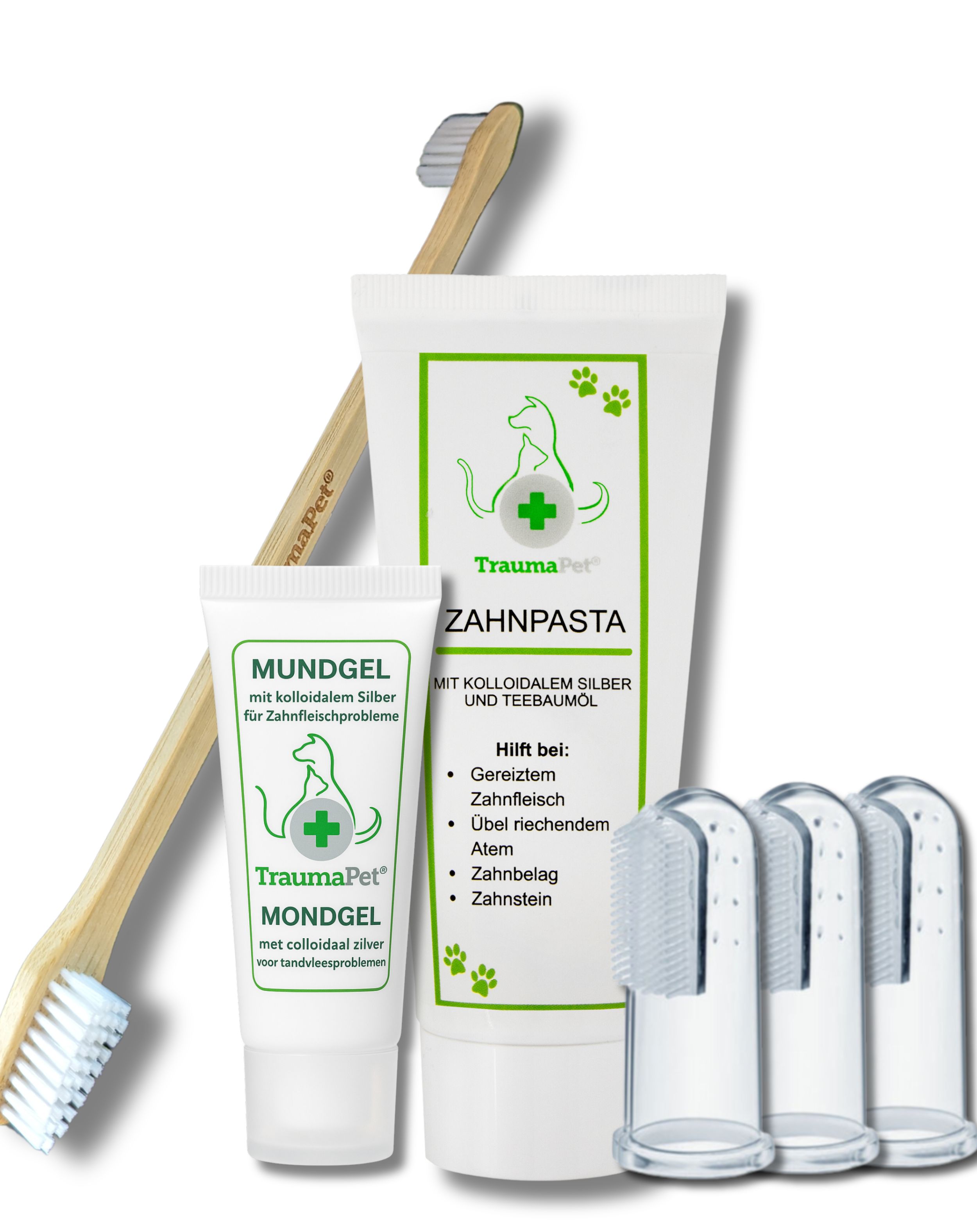 Zahnpflege-Set mit Zahnpasta, Mundgel, Fingerzahnbürsten und Zahnbürste. Zahnpasta und Mundgel mit Logo und Text. Fingerzahnbürsten transparent.