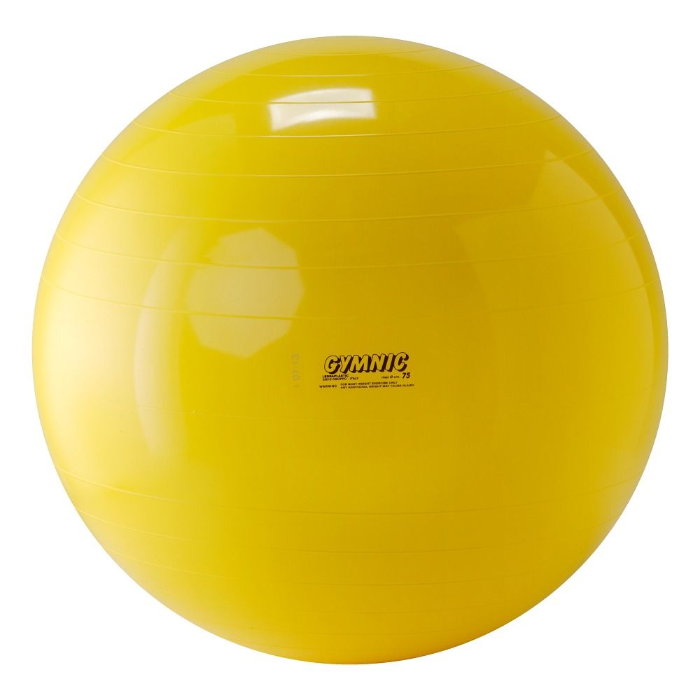 Gelber Gymnastikball mit horizontalen Linien und dem Gymnic-Logo.