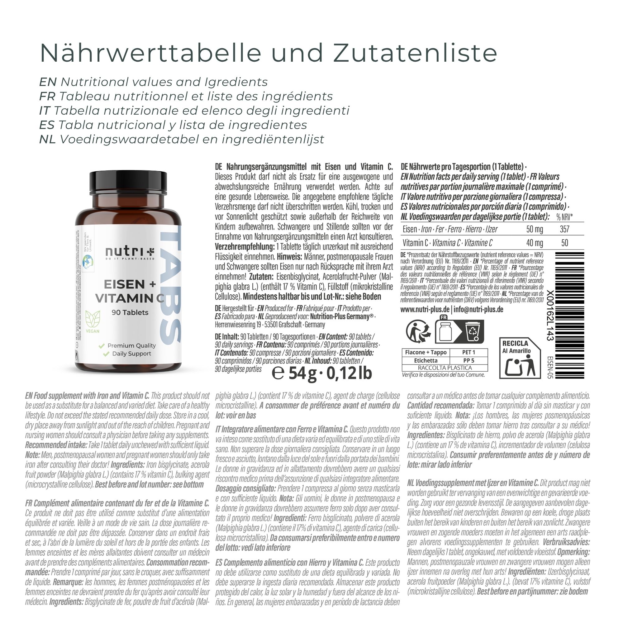 Nährwerttabelle und Zutatenliste für nutri+ Eisen + Vitamin C Tabletten. Enthält Informationen in mehreren Sprachen.