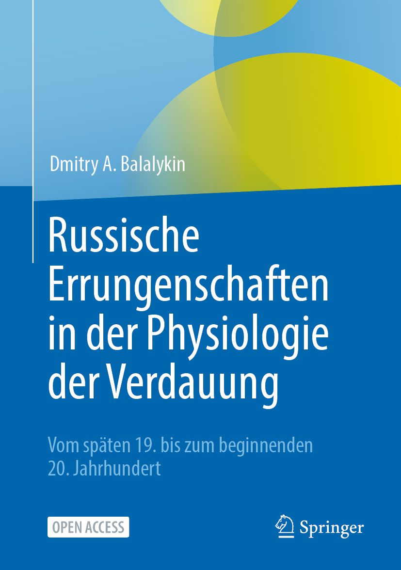 Buchcover: "Russische Errungenschaften in der Physiologie der Verdauung". Autor: Dmitry A. Balalykin. Verlag: Springer. Blauer Hintergrund.