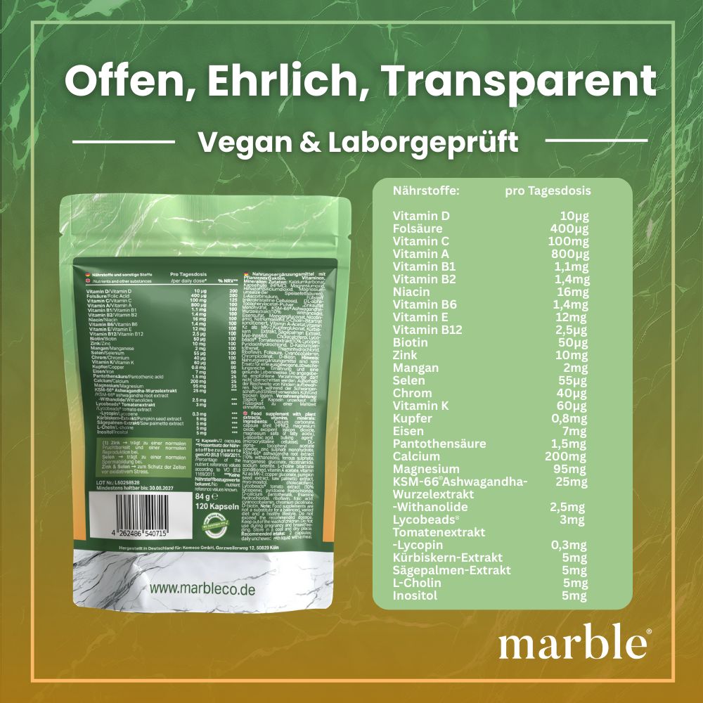 Rückseite der Verpackung. Text: marble Prosta Vital. Vegan & Laborgeprüft. Nährwerttabelle.