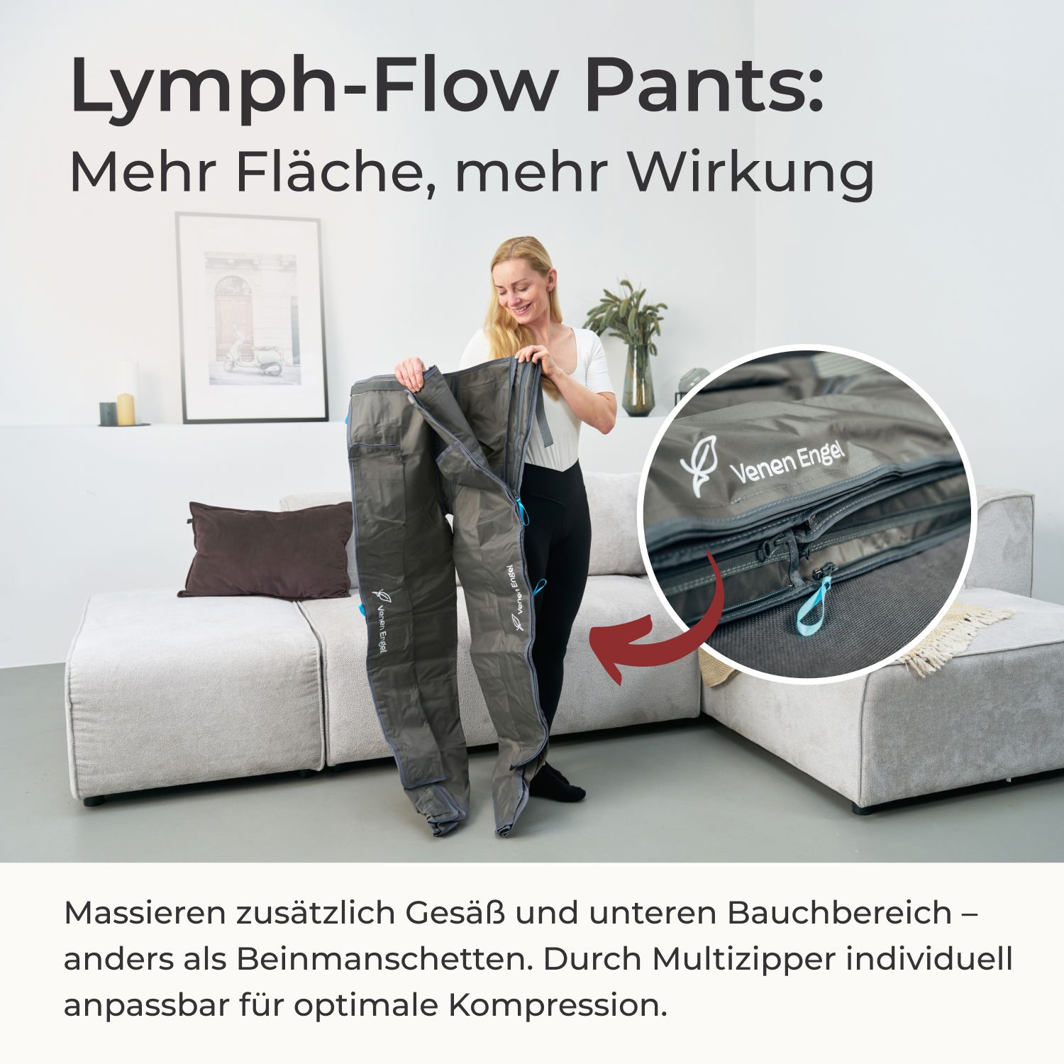 Frau hält Venen Engel Lymph-Flow Pants, die Füße, Beine, Gesäß und Bauch abdecken.