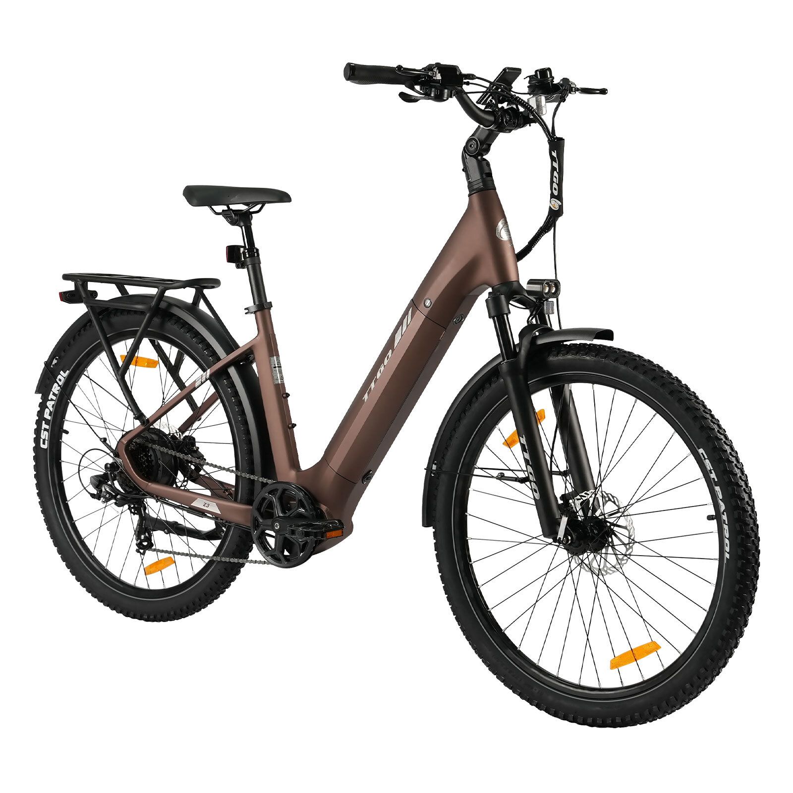 Braunes Elektrofahrrad mit schwarzen Reifen, Schutzblechen und Gepäckträger. Hydraulische Scheibenbremsen.