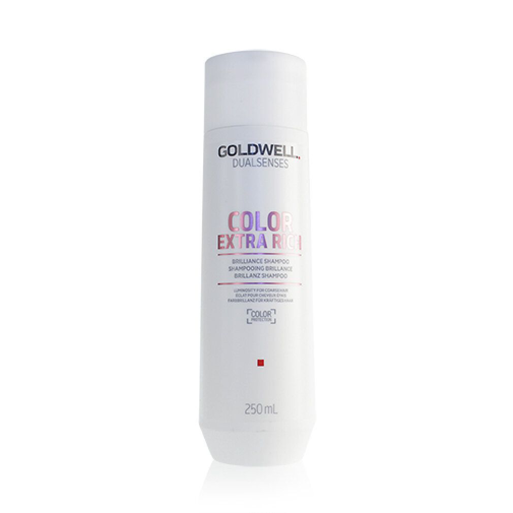 Weißes Shampoo mit roter Schrift. Aufschrift: Goldwell Dualsenses Color Extra Rich Brilliance Shampoo. 250ml.