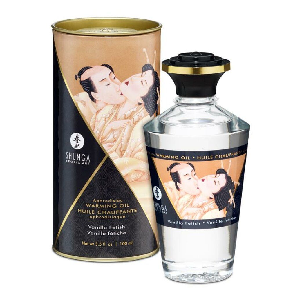 Shunga Massageöl mit Aroma Vanille. Flasche und Verpackung mit Abbildung eines Paares. Text: Warming Oil, Vanilla Fetish.