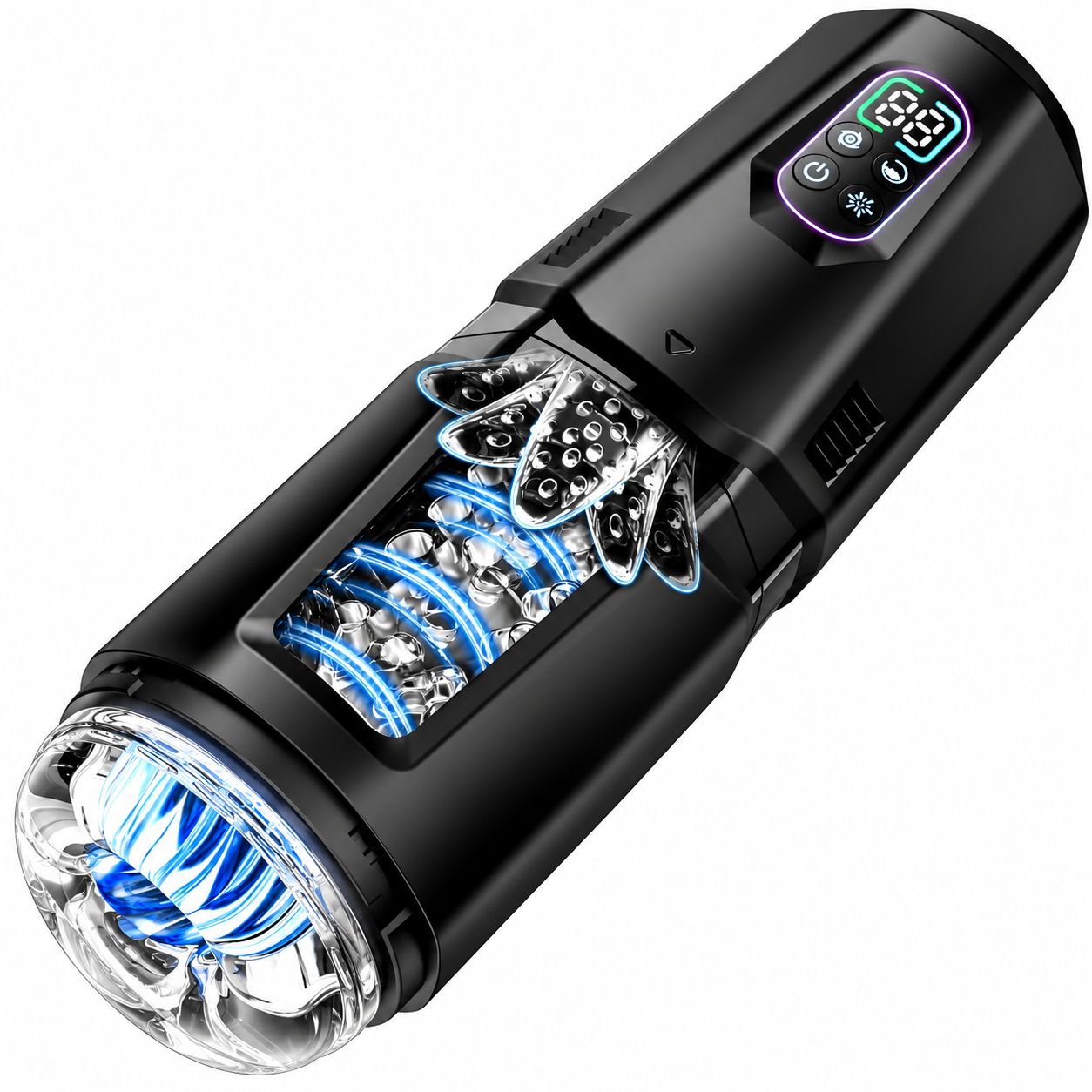 Elektrischer Masturbator mit 7 Vibrations- und Rotationsmodi, LED-Display und 3D-Hülle.
