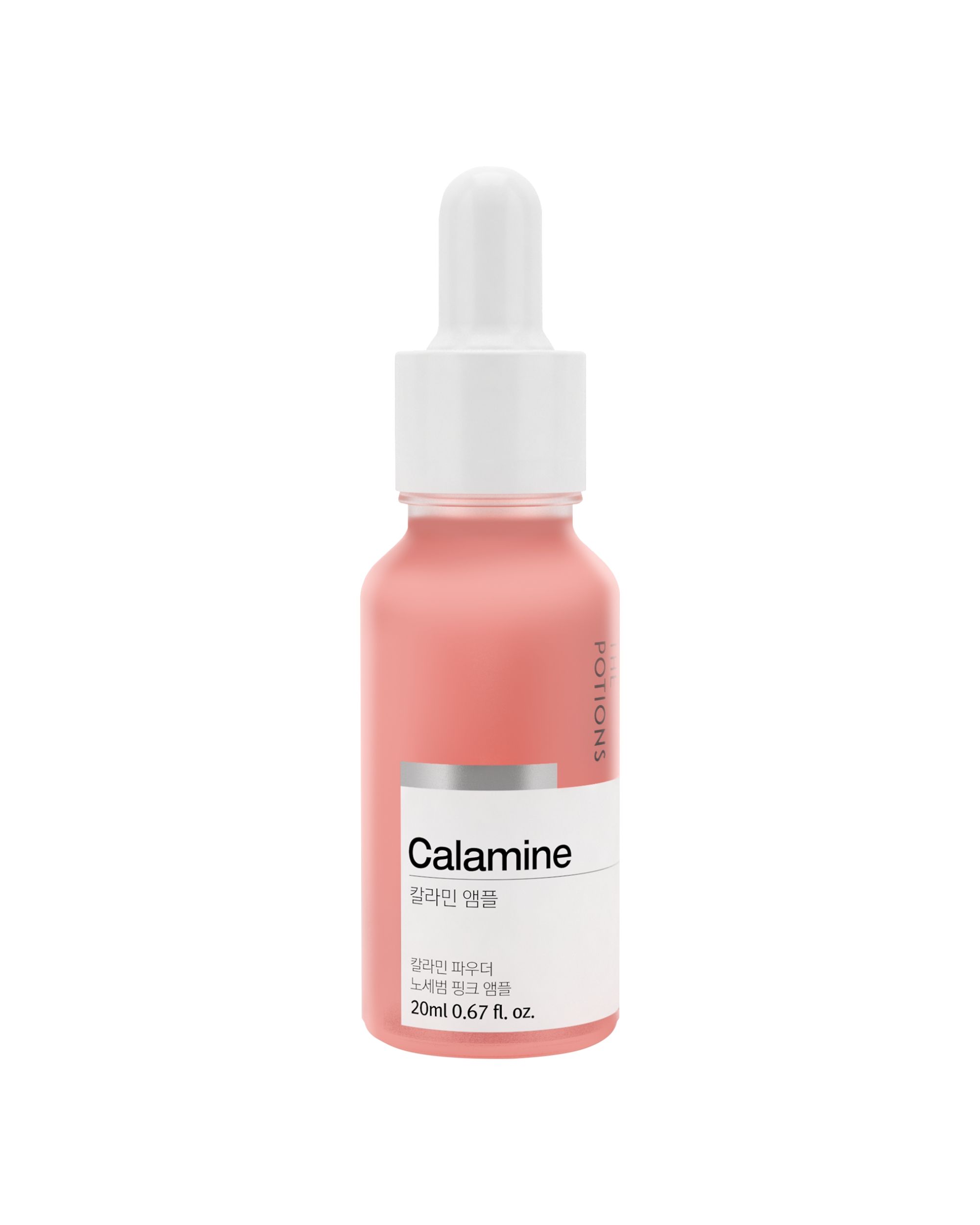Rosa Flüssigkeit in einer Glasflasche mit weißem Deckel und Pipette. Auf dem Etikett steht "Calamine".