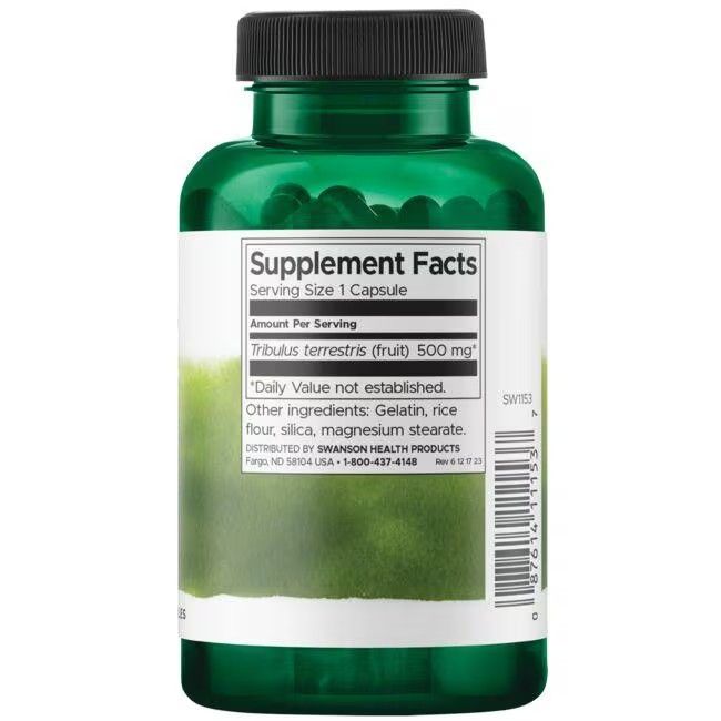 Rückseite der grünen Flasche. Aufschrift: Supplement Facts. Tribulus terrestris (Frucht) 500 mg. Weitere Inhaltsstoffe: Gelatine, Reismehl.