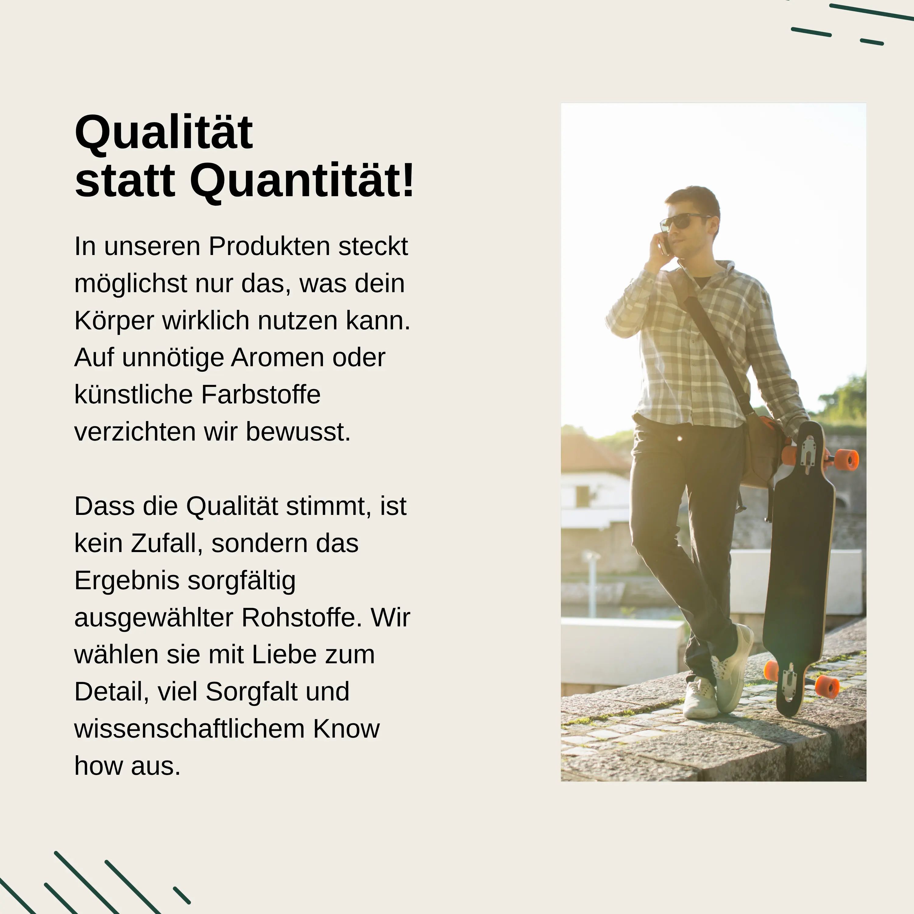 Mann mit Skateboard und Handy, steht für Qualität und bewusste Auswahl von Rohstoffen.