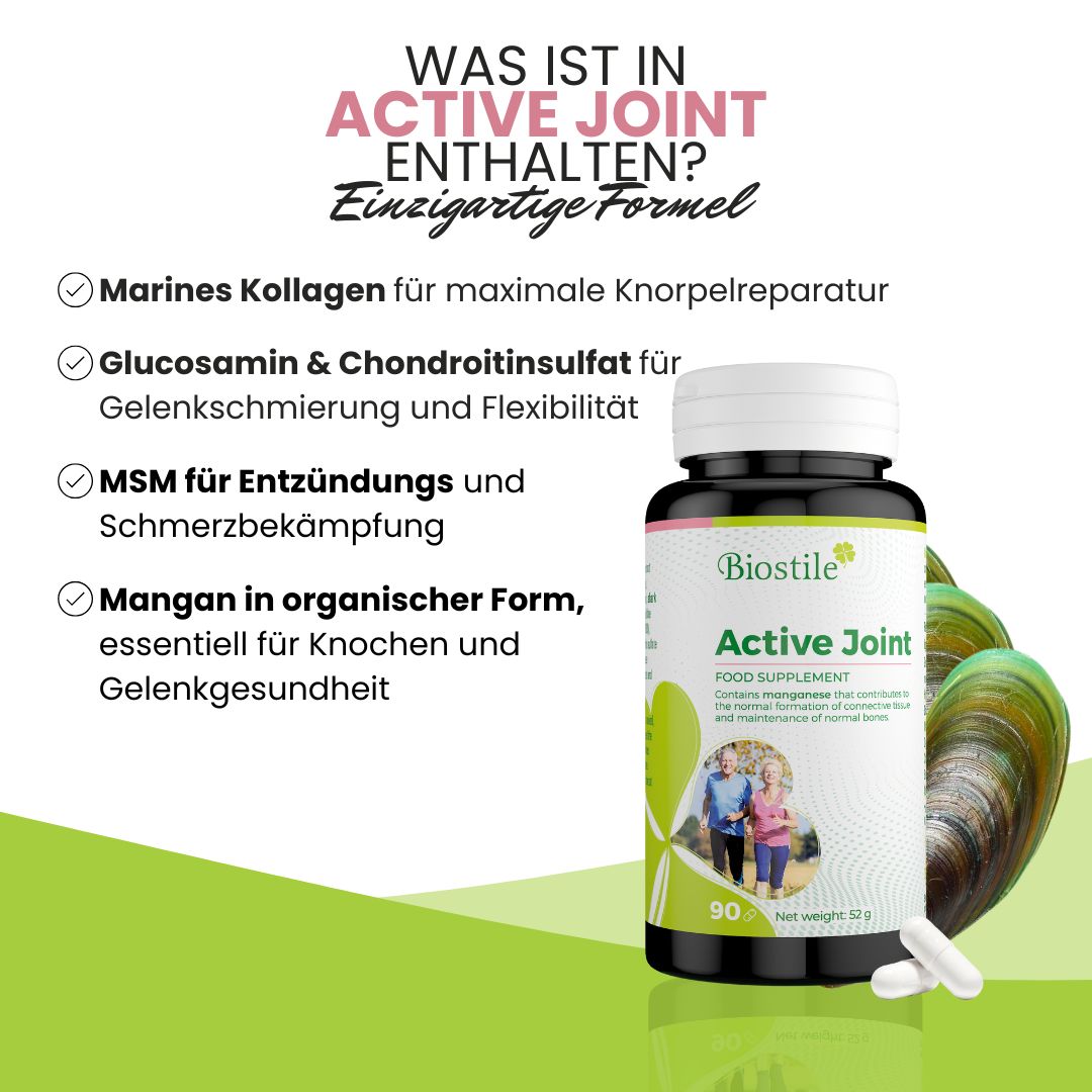 Biostile Aktives Gelenk Dose mit Zutatenliste: Kollagen, Glucosamin, MSM, Mangan.