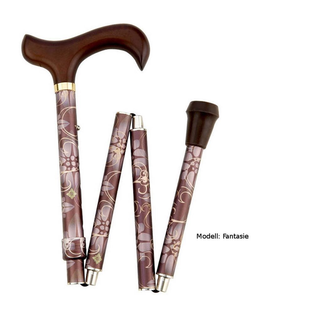 Faltbarer Gehstock mit braunem Griff und floralem Muster. Modell: Fantasie. Dreiteilig gefaltet.