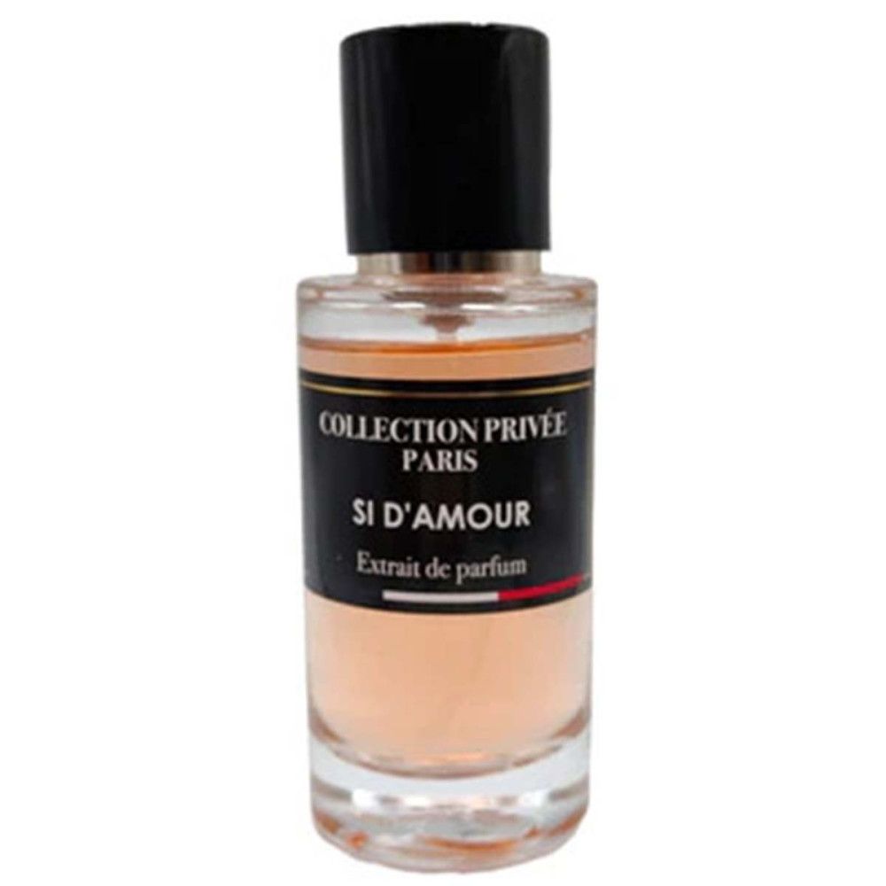 Parfümflakon mit schwarzem Deckel. Aufschrift: Collection Privée Paris, Si d'Amour, Extrait de parfum. Flüssigkeit rosa.