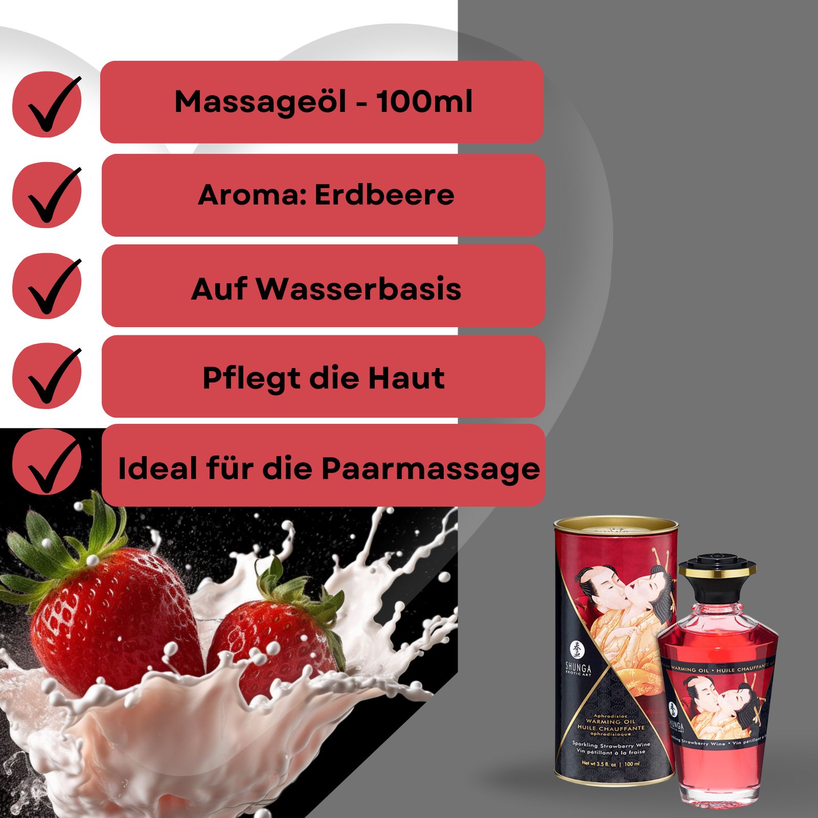 Produkt mit Erdbeer-Aroma. Rote Glasflasche und zylindrische Verpackung. Erdbeeren und Milchspritzer im Vordergrund. Text auf Deutsch.