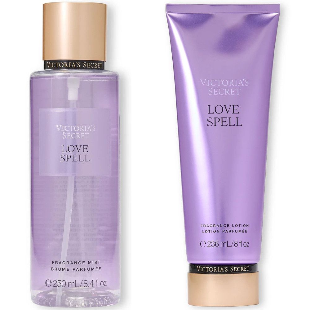 Körperspray und Körperlotion. Flasche und Tube in Lila. Aufschrift: Love Spell. Marke: Victoria's Secret.