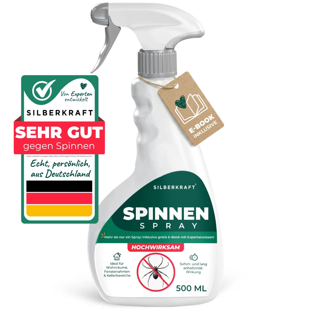 Silberkraft Spinnen Spray Flasche mit Sprühkopf, 500 ml. "Sehr gut gegen Spinnen" Siegel und E-Book inklusive Hinweis.