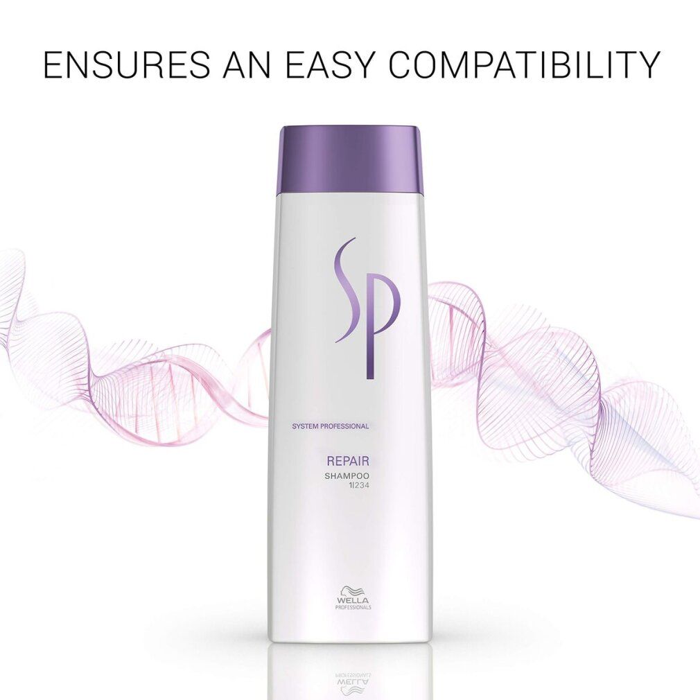 Weiße Flasche SP Repair Shampoo mit lila Verschluss und SP-Logo. Text: 'SYSTEM PROFESSIONAL REPAIR SHAMPOO 250ML'.