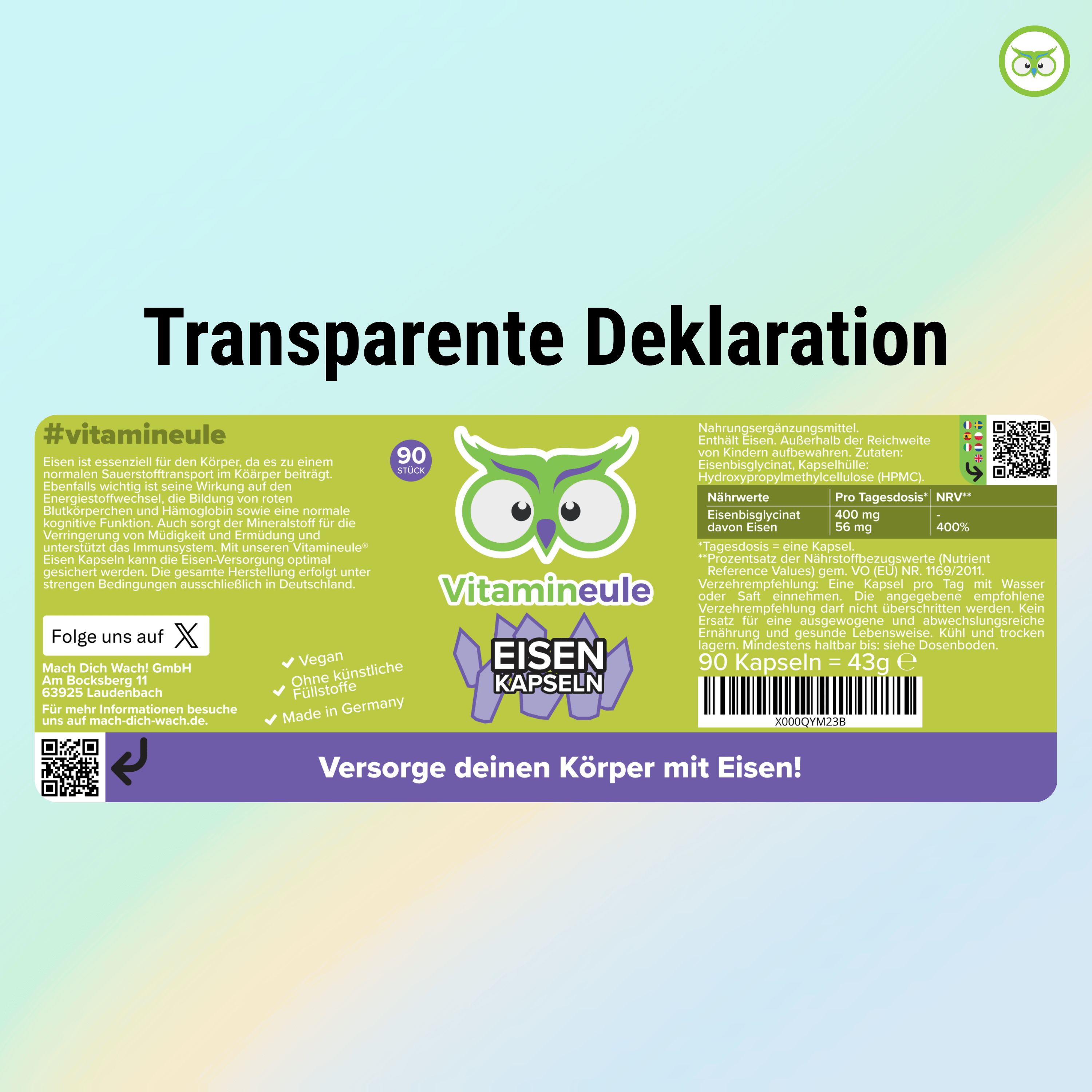 Etikett. Vitamineule Eisen Kapseln. 90 Kapseln. Inhaltsstoffe, Nährwerte. Text: Versorge deinen Körper mit Eisen! QR-Code.