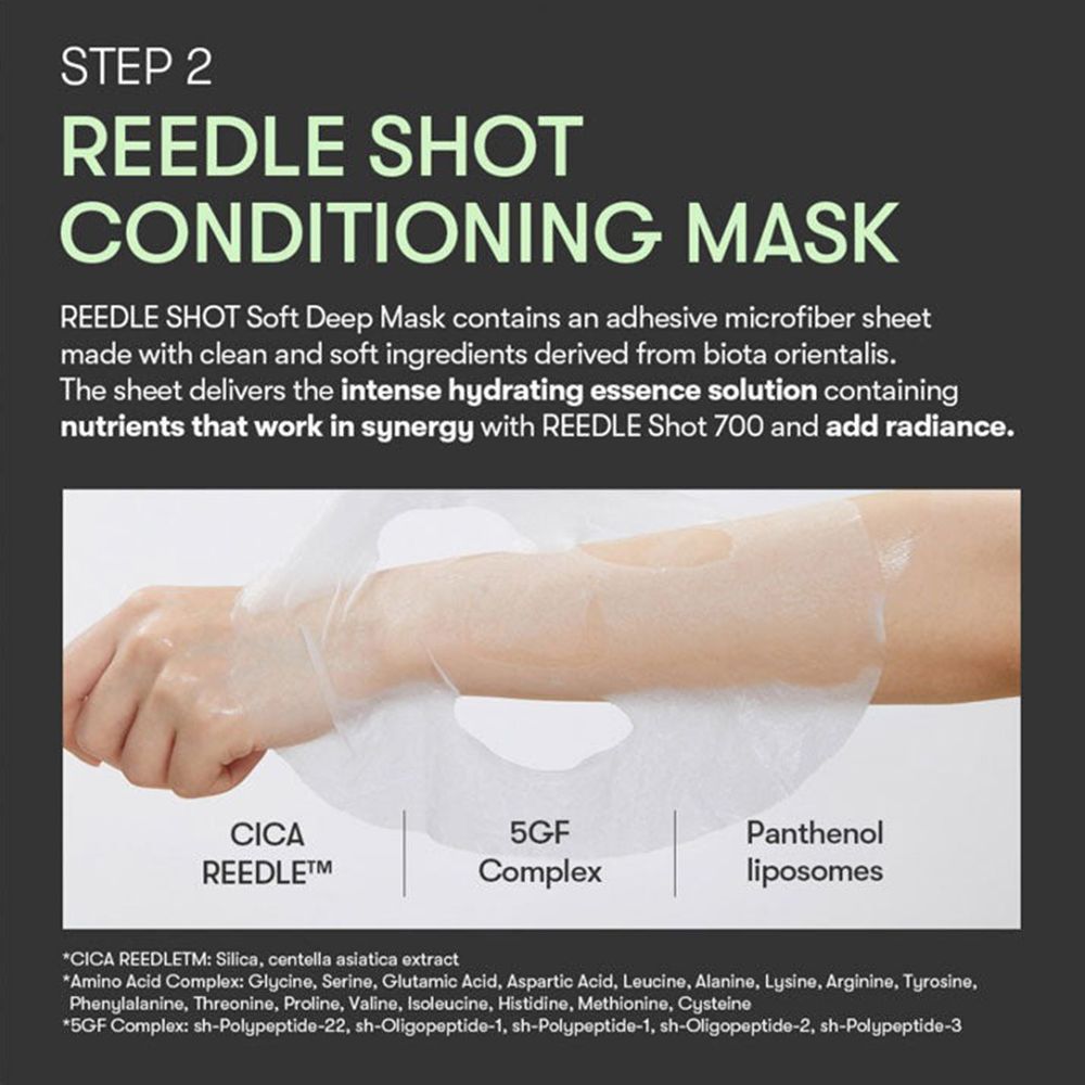 Textfeld mit Aufschrift: Reedle Shot Conditioning Mask. Text beschreibt die Maske. Unterhalb: Cica Reedle, 5GF Complex, Panthenol Liposomes.