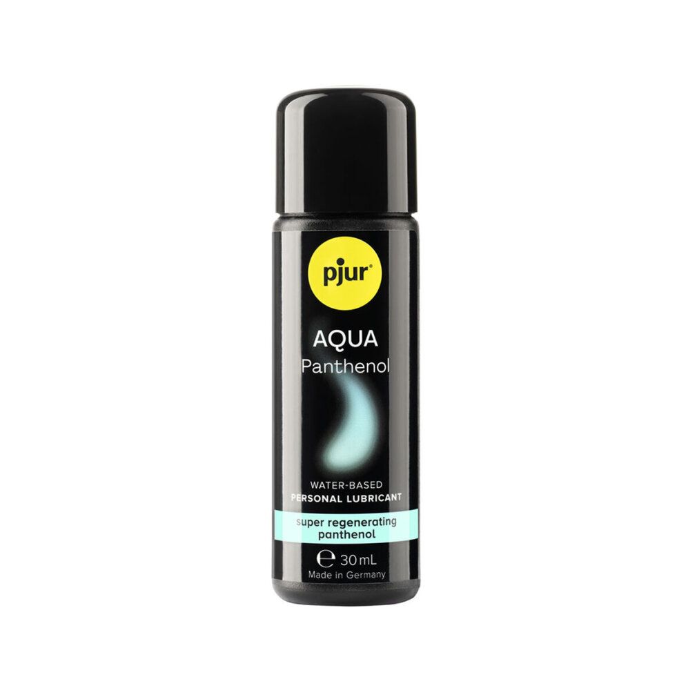Schwarze Flasche mit schwarzem Deckel. Aufschrift: pjur AQUA Panthenol. Text: Water-Based Personal Lubricant. 30ml.
