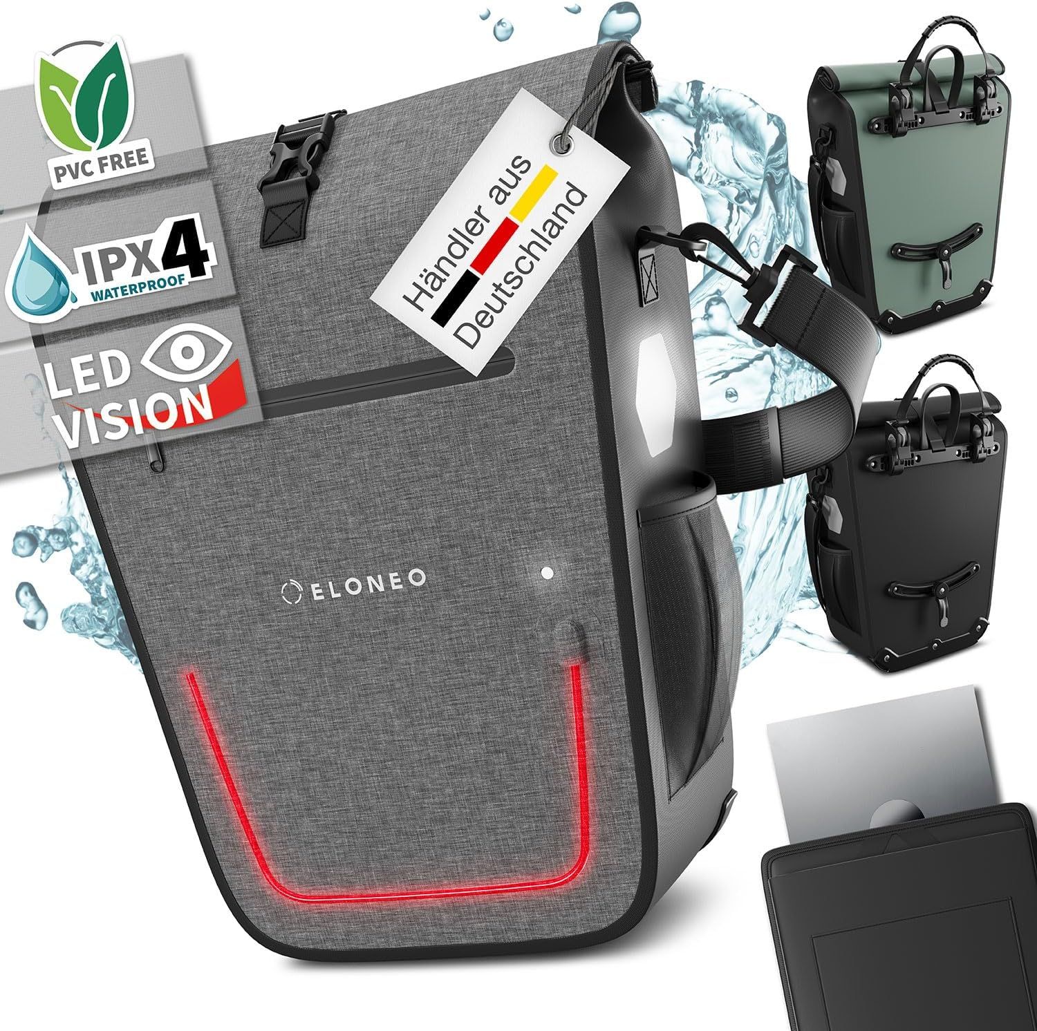 ELONEO Fahrradtasche Gepäckträgertasche, Satteltasche mit Reflektorstreifen wasserdicht mit LED