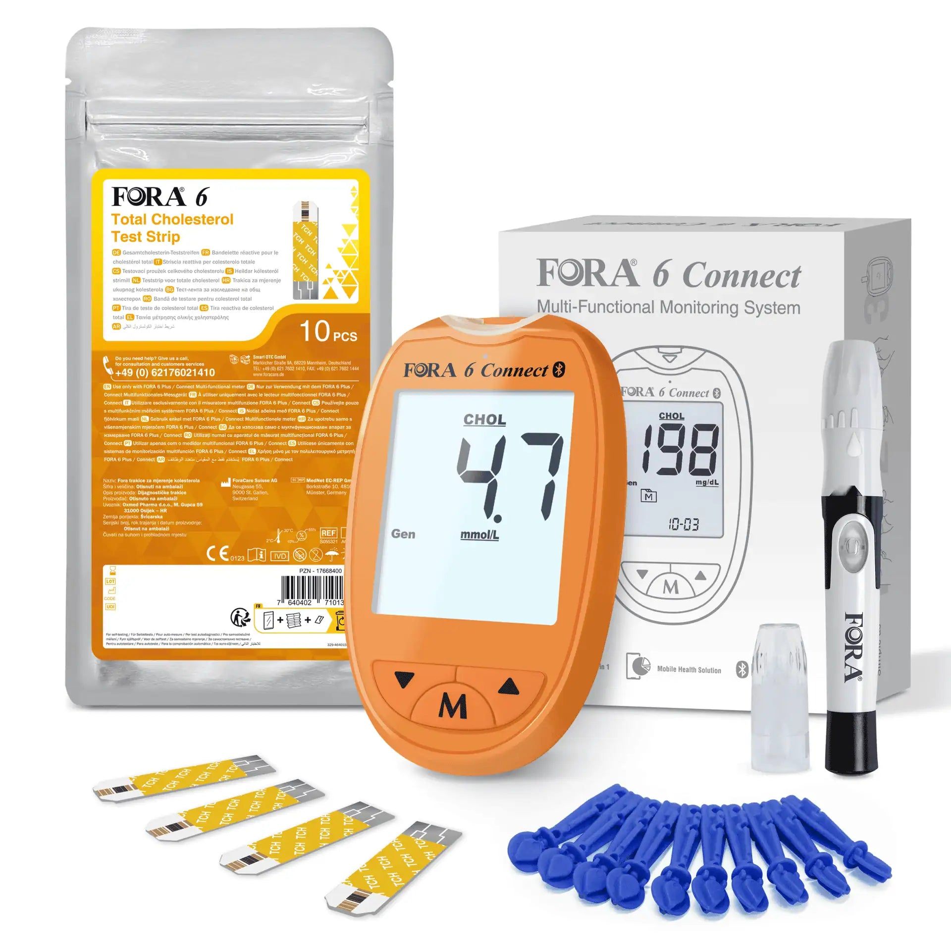 FORA 6 Connect Cholesterinmessgerät-Set mit Messgerät, Lanzetten, Stechhilfe und Teststreifenpackung. Orangefarbenes Messgerät.