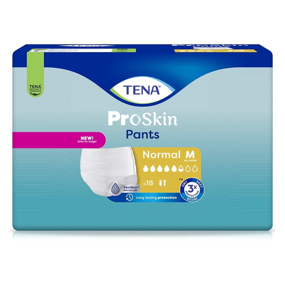 Verpackung von TENA ProSkin Pants Normal M. Blaue Verpackung mit Produktabbildung und Produktbezeichnungen. Enthält 18 Stück.