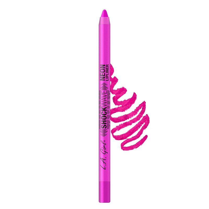 Ein neonpinker Lipliner mit dem Aufdruck "SHOCKWAVE NEON LIPLINER" und "L.A. Girl". Daneben ist eine Swatch in gleicher Farbe.
