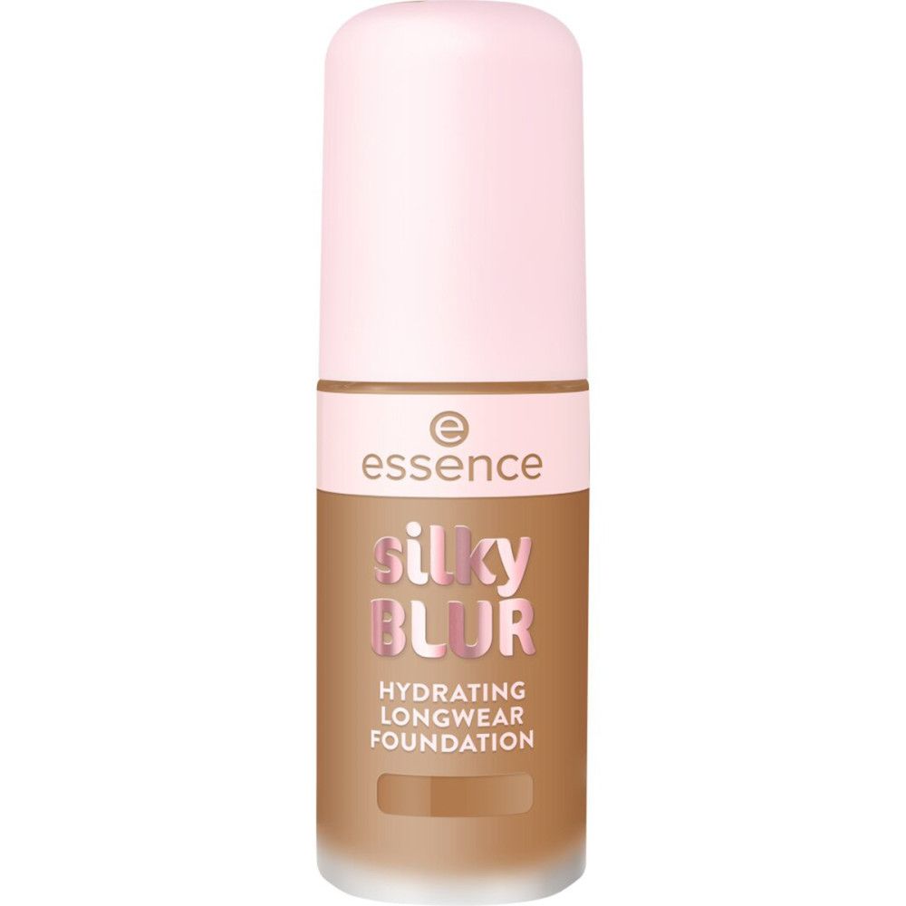 Foundation-Flakon mit rosa Deckel. Aufschrift "essence silky BLUR Hydrating Longwear Foundation".