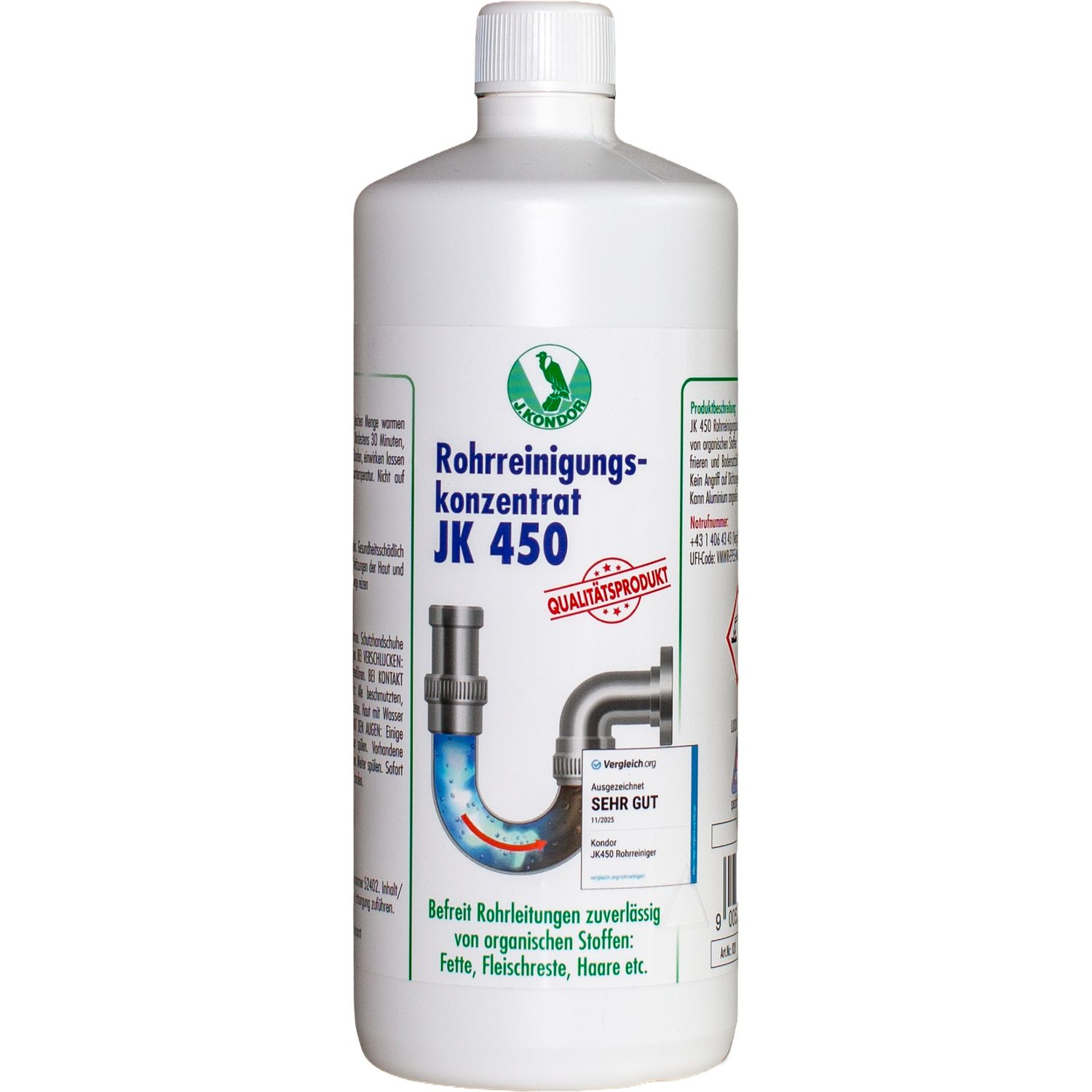Weiße Flasche Kondor JK450 Rohrreinigungs-Konzentrat. Etikett mit Produktinformationen und Illustration einer Rohrleitung.
