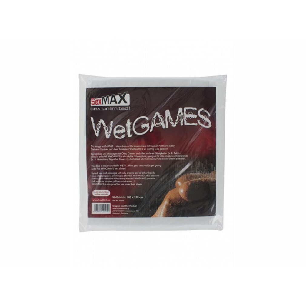 Sex-Laken in Folienverpackung. Aufdruck: WetGAMES, SexMAX. Größe: 180 x 220 cm. Text in Deutsch und Englisch.