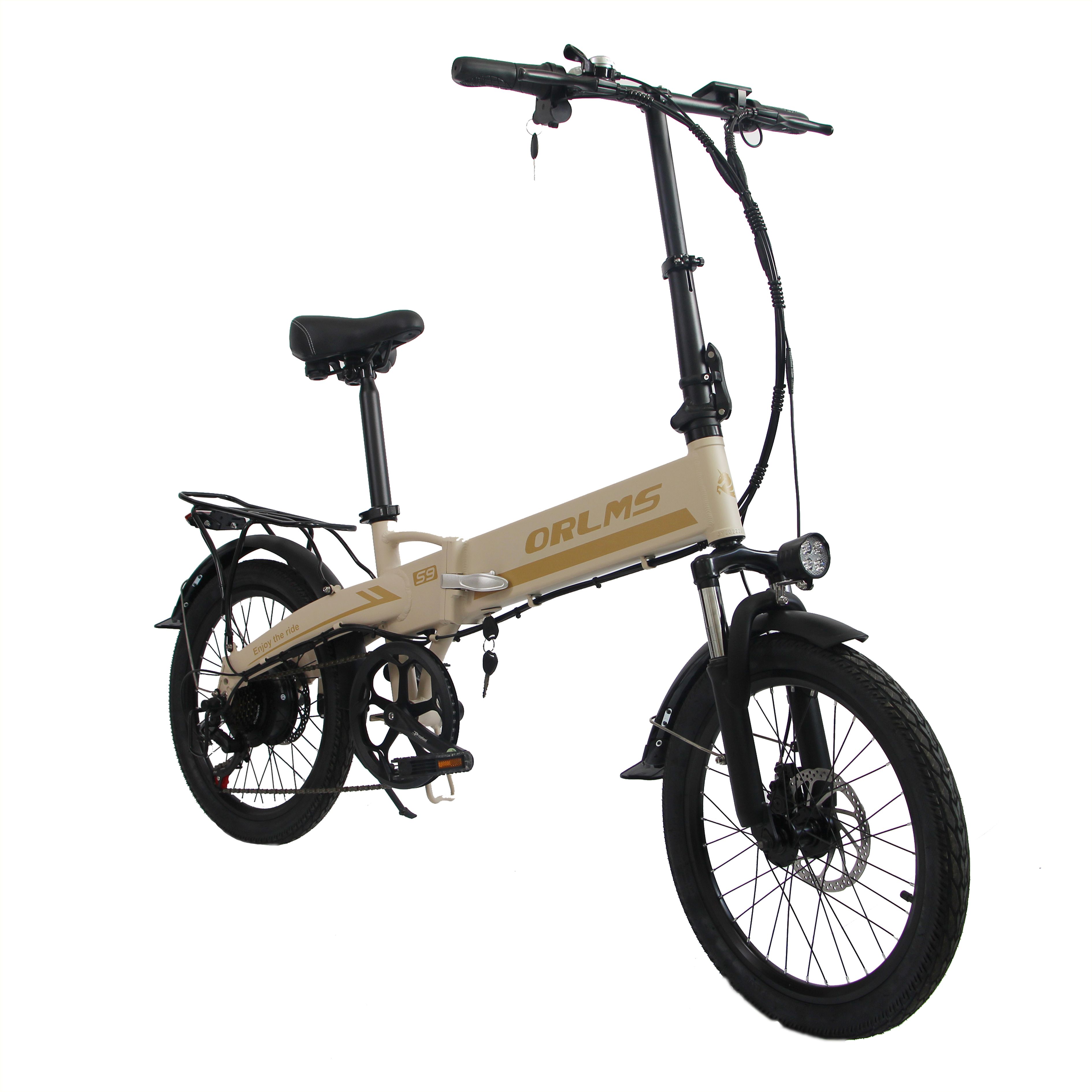 Faltbares E-Bike, beige-schwarz. ORLMS S9 Schriftzug. Gepäckträger, Schutzbleche, Sattel. 20-Zoll-Räder. Seitenansicht.