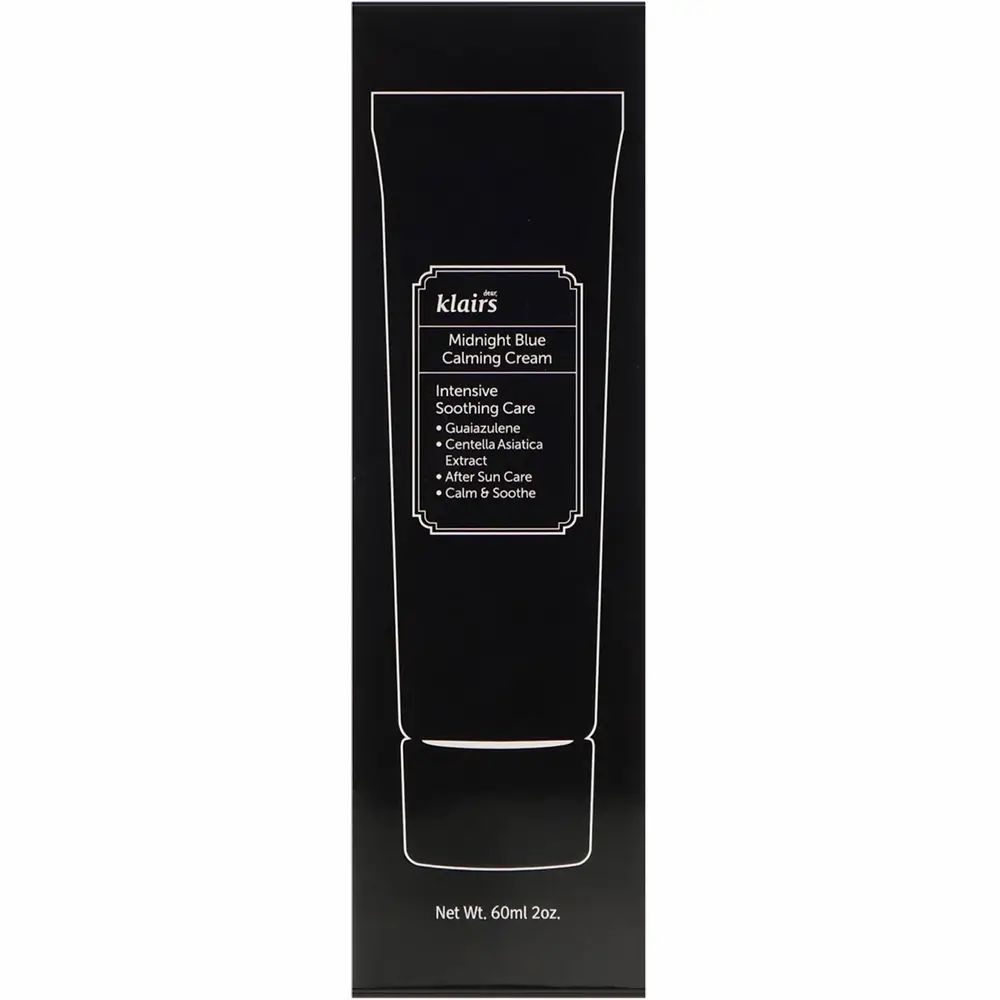 Schwarze Verpackung, weiße Umrisse einer Tube. Text: Midnight Blue Calming Cream, 60ml 2oz. Marke: Klairs.
