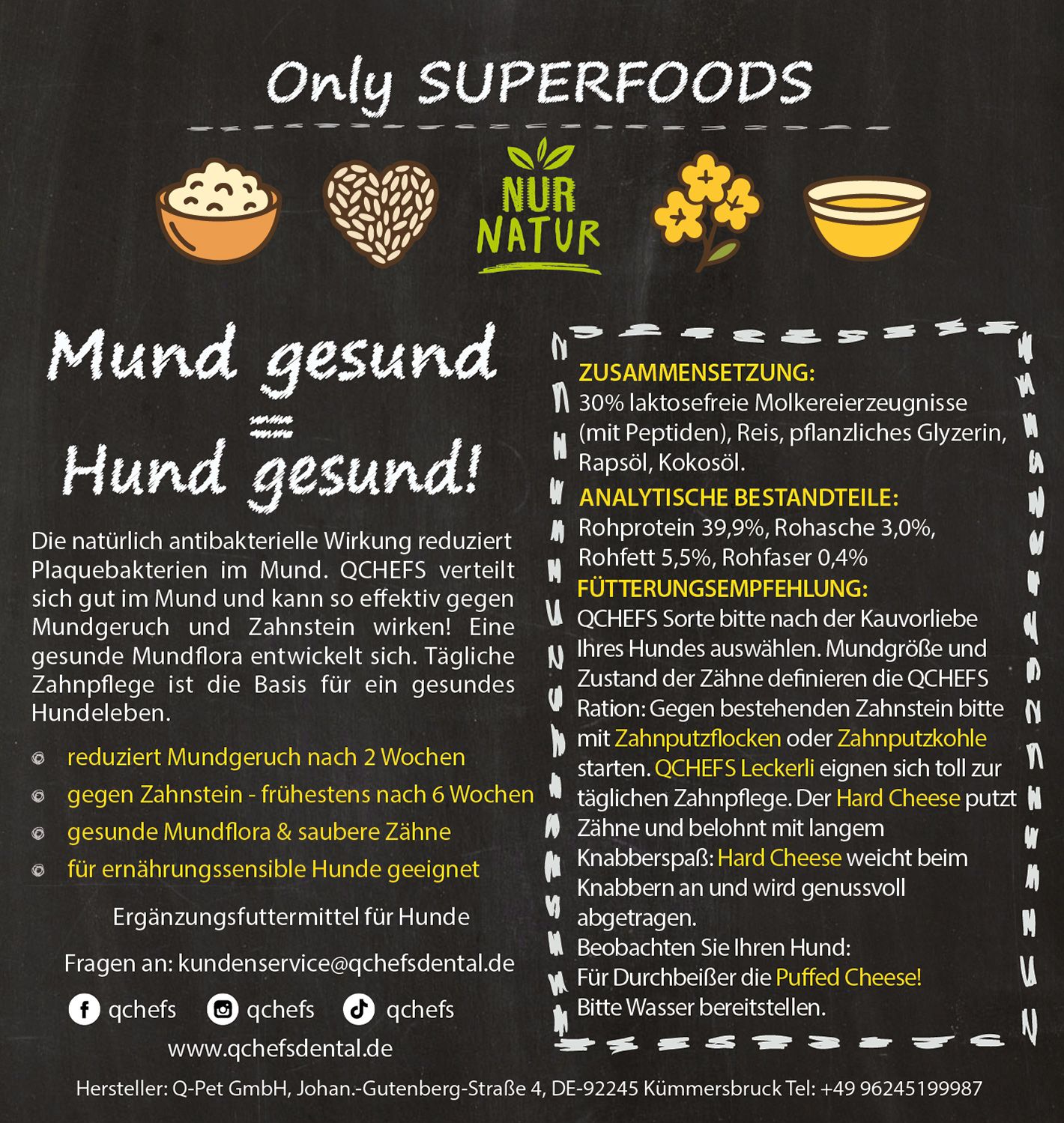 Tafel mit Text über QCHEFS. Enthält Informationen zu Inhaltsstoffen, Fütterungsempfehlung und Vorteile für Hunde. Nur Natur Logo.