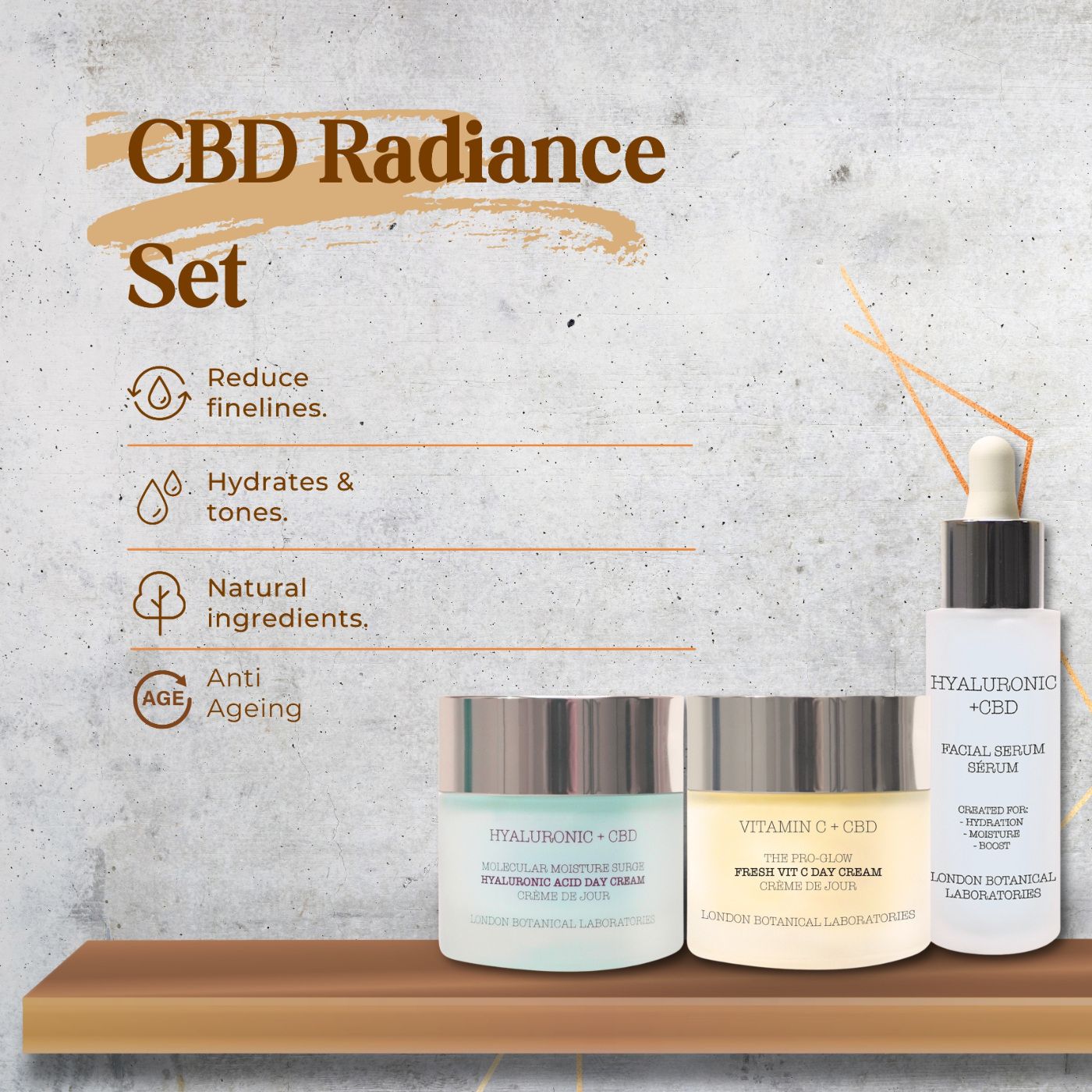 Gesichtspflege-Set auf einem Regal. Enthält drei Produkte: zwei Cremes und ein Serum. Text: CBD Radiance Set, London Botanical Laboratories.