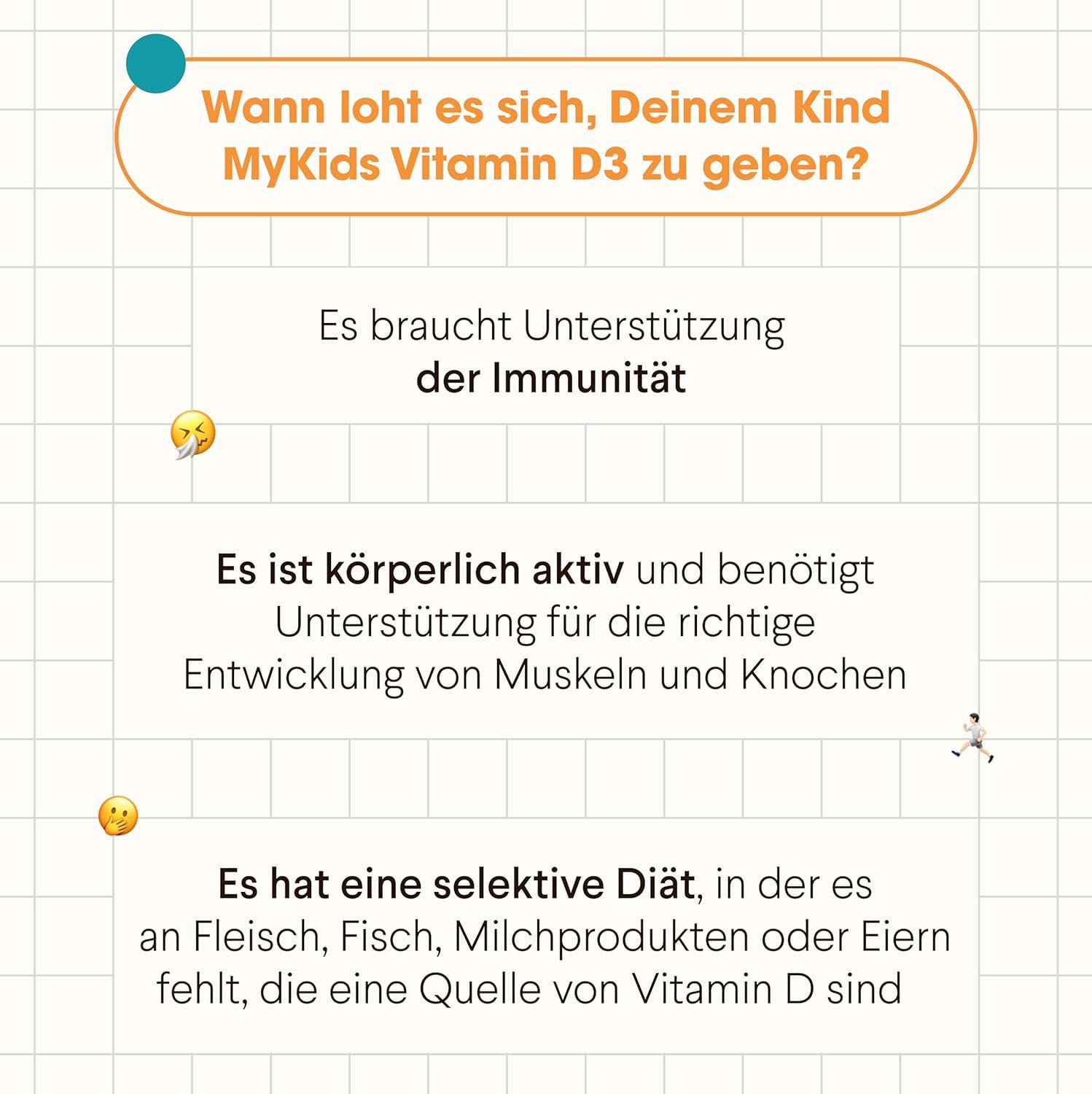 Text: Wann lohnt es sich, Deinem Kind MyKids Vitamin D3 zu geben? Immununterstützung, körperliche Aktivität, selektive Diät (kein Fleisch, Fisch, Milchprodukte, Eier).