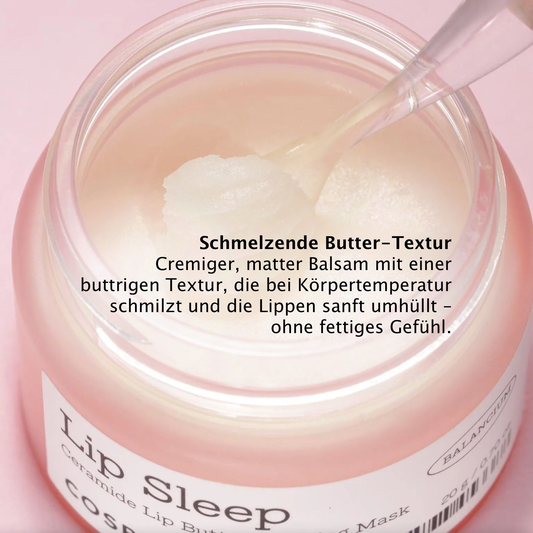 Geöffneter Tiegel mit Produkt. Text: Schmelzende Butter-Textur. Cremige Textur. COSRX.