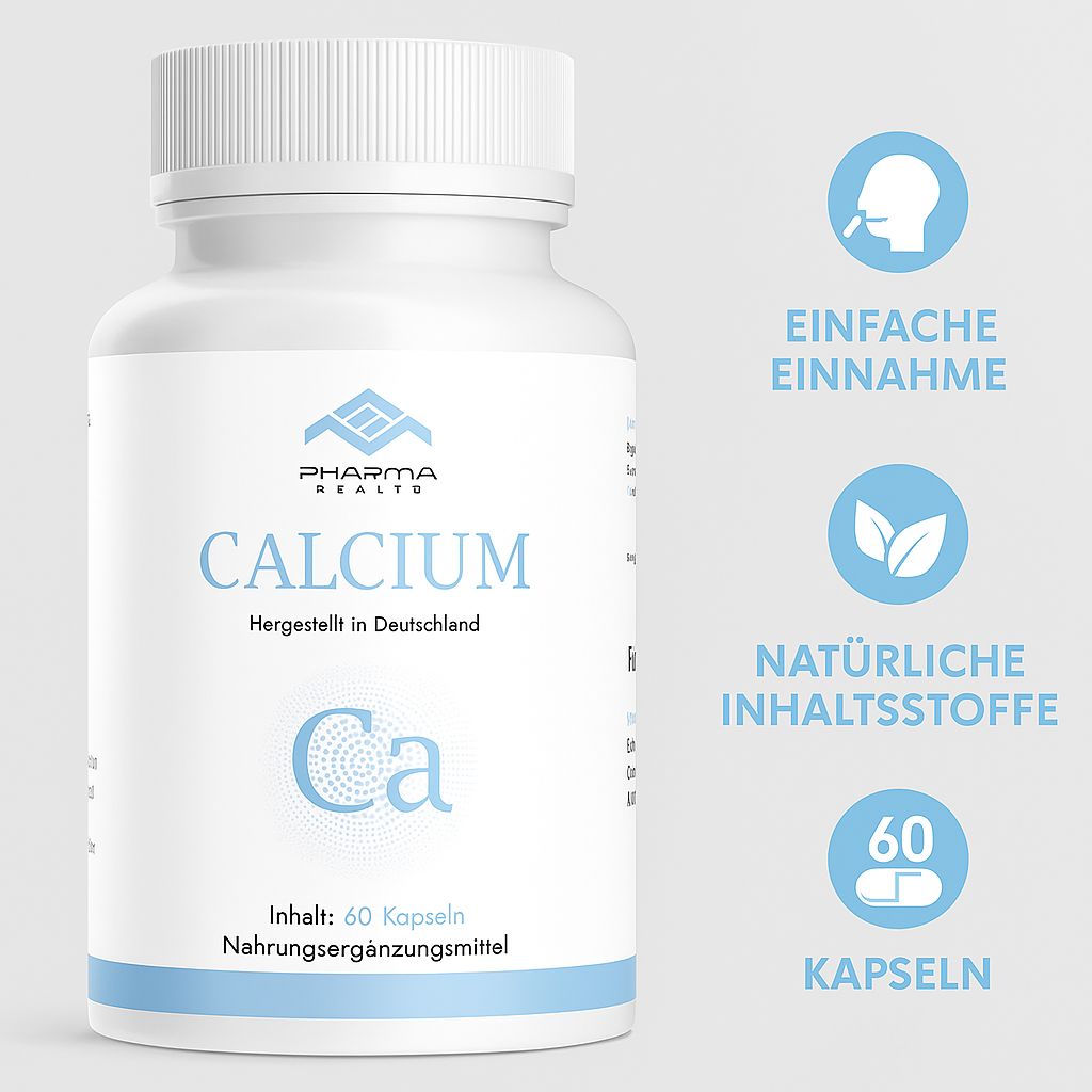 Weiße Flasche Pharma Health Calcium mit Icons. Aufschrift: Calcium, hergestellt in Deutschland. Ca-Symbol. 60 Kapseln. Icons: Einnahme, natürliche Inhaltsstoffe, Kapseln.