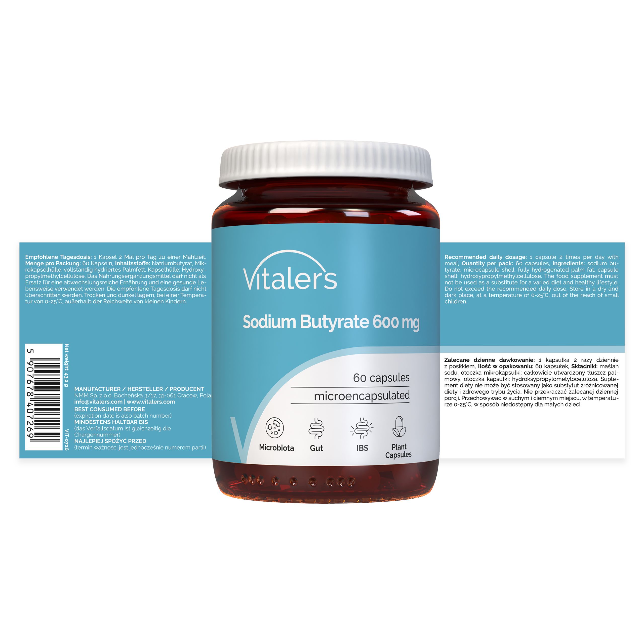 Vitaler’s Natriumbutyrat 600 mg Behälter und Faltschachtel.