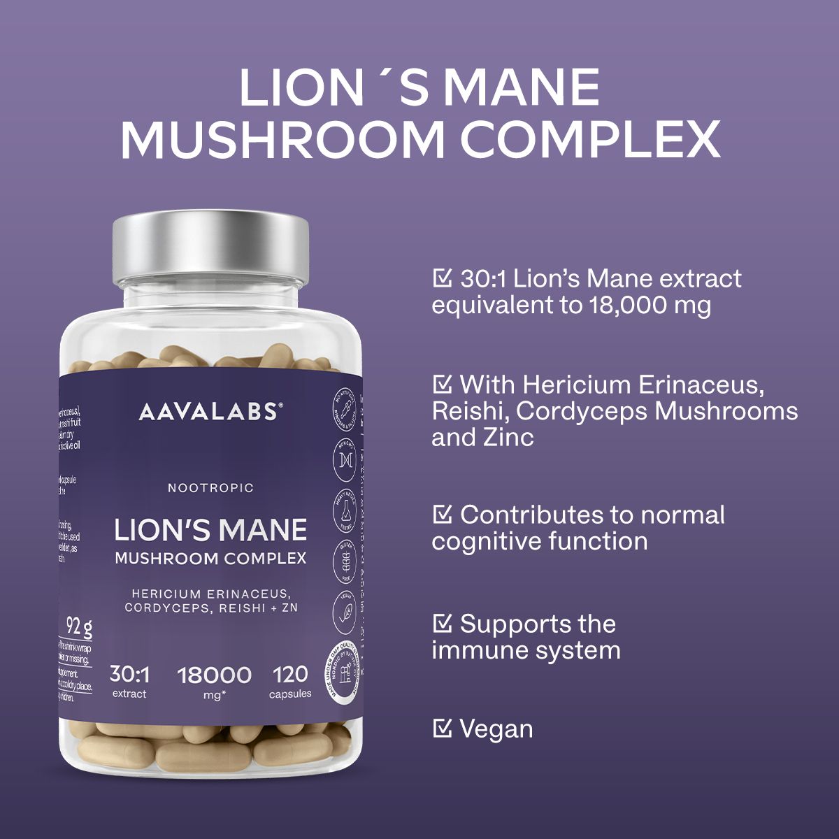 Flasche mit Kapseln und Text: Lion's Mane Mushroom Complex. Enthält Hericium Erinaceus, Cordyceps, Reishi + Zn. Vegan.