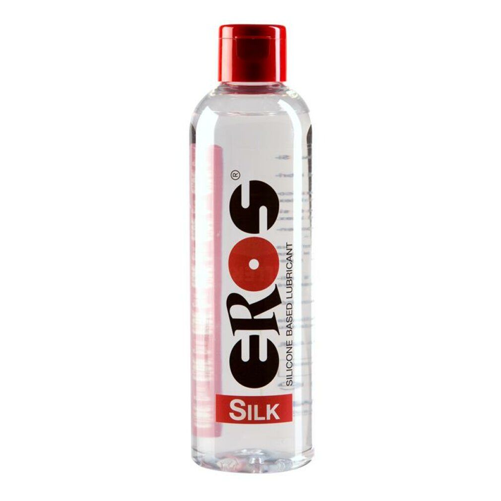 Klare Flasche mit rotem Deckel. Aufdruck: EROS SILK. Silikonbasiertes Gleitmittel.