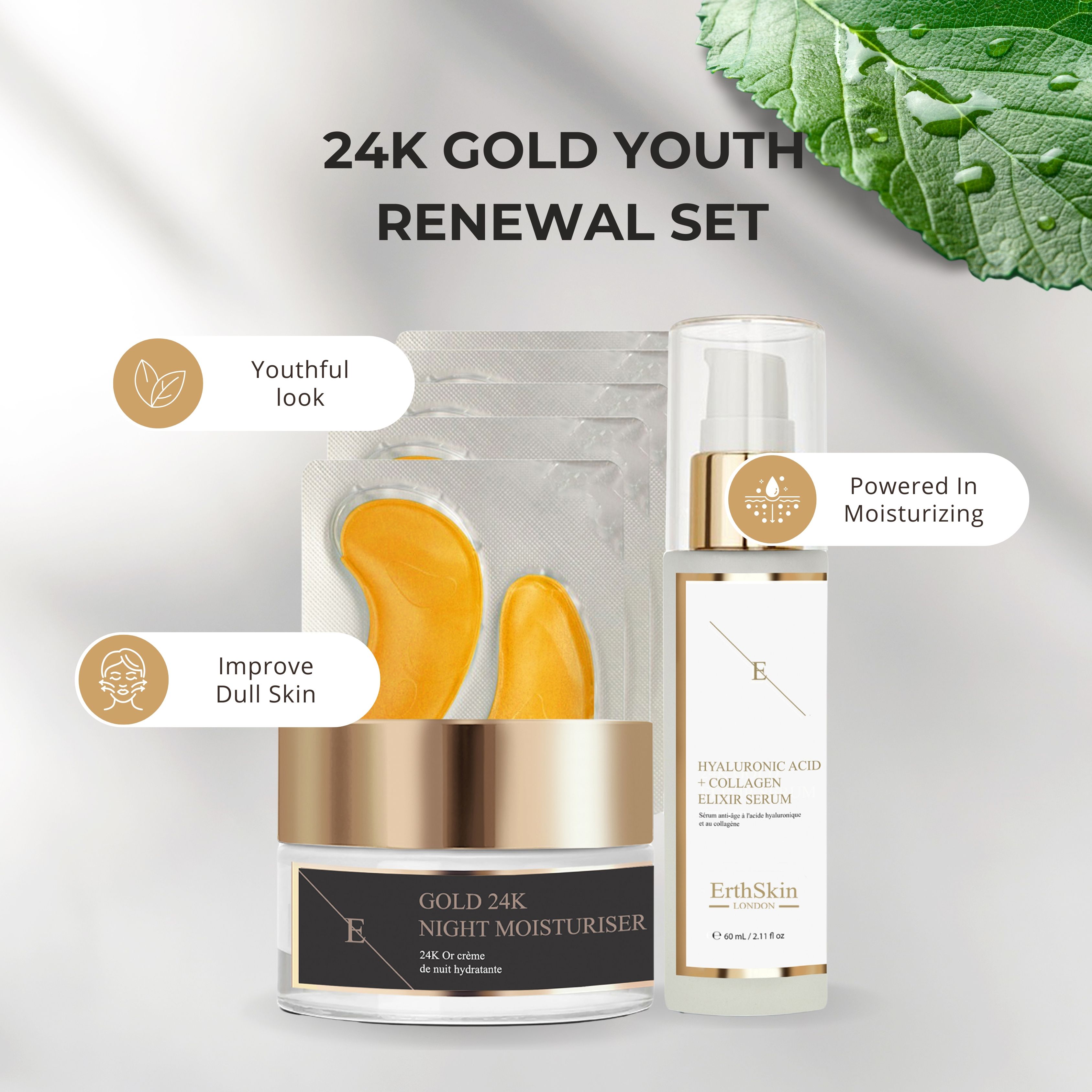 Set mit Nachtcreme, Augenpads und Serum. Produkte mit Text- und Grafik-Elementen. Creme- und Serumflasche mit goldenen Akzenten.
